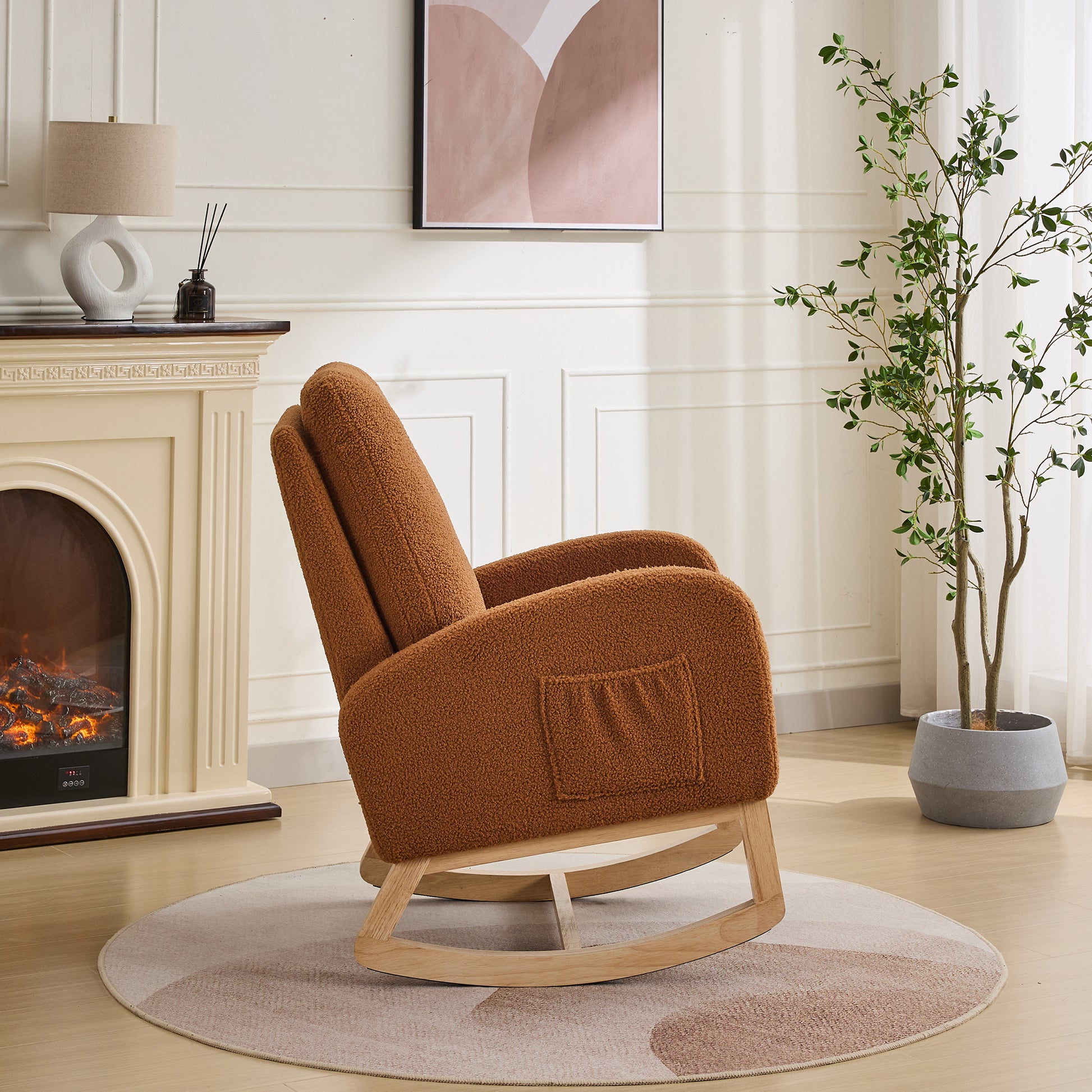 27.2"W Rocking Chair For Nursery, Sherpa Glider Chair With High Back And Side Pocket, Rocking Accent Armchair With Rubber Wood Legs For Living Room Bedroom.Caramel Caramel Sherpa