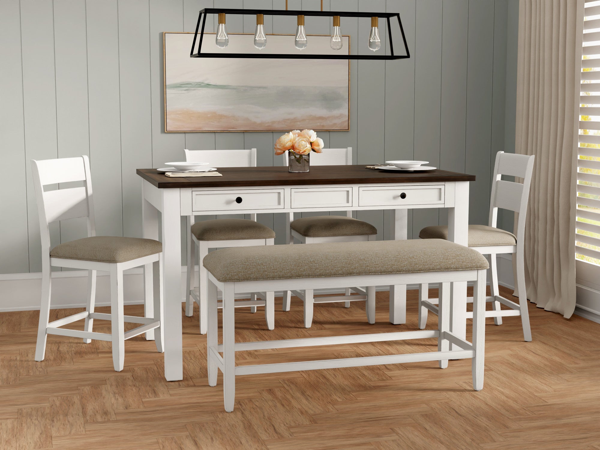 Velvety Brown And White 6 Piece Gathering Dining Set Brown White Bench Seating Foam Dining Table With Chair And Bench Engineered Wood