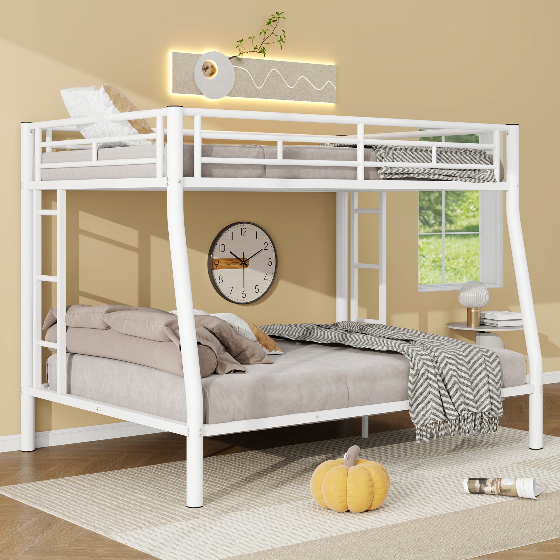Full Xl Over Queen Metal Bunk Bed With Ladder And Guardrails, White Expected Arrival Time: 9.7 Box Spring Not Required Full Xl White Metal Metal