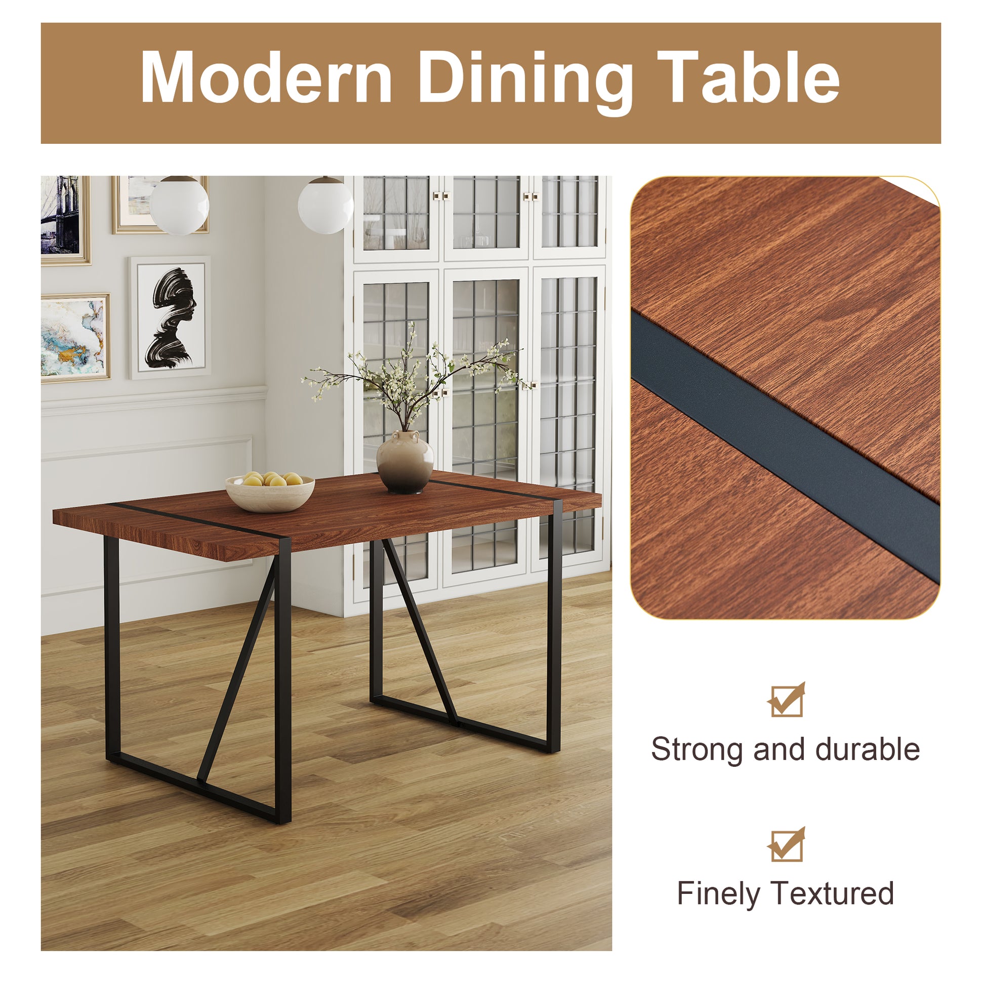 Table And Chair Set. A Minimalist Retro Rectangular Dining Table With A Specially Textured Top And Black Metal Legs, Paired With Soft Chairs And Black Metal Legs, Showcases A Beautiful Home Style. Brown Seats 6 Mdf Metal