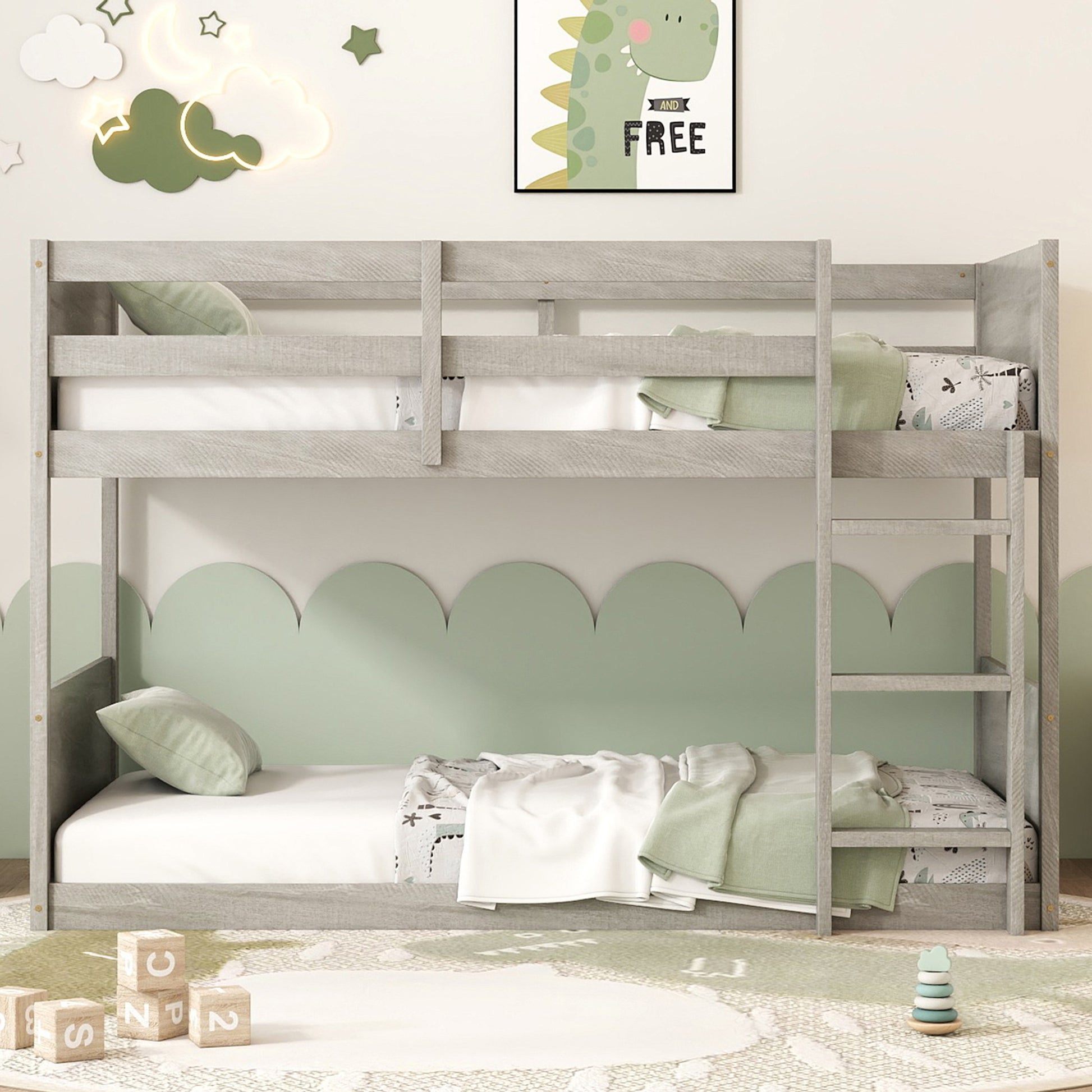Twin Over Twin Floor Bunk Bed With Panelled Headboard And Footboard, Solid Rubber Wood Foundation With Safety Guardrails, Built In Ladder,Antique White Twin Antique White Rubber Wood