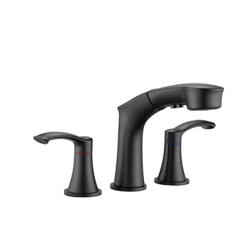 Widespread Pull Out Sprayer Bathroom Faucet, 2 Handle Bathroom Sink Faucet Two Matte Black Pull Out Deck Mounted Widespread Faucets Matte Black Stainless Steel