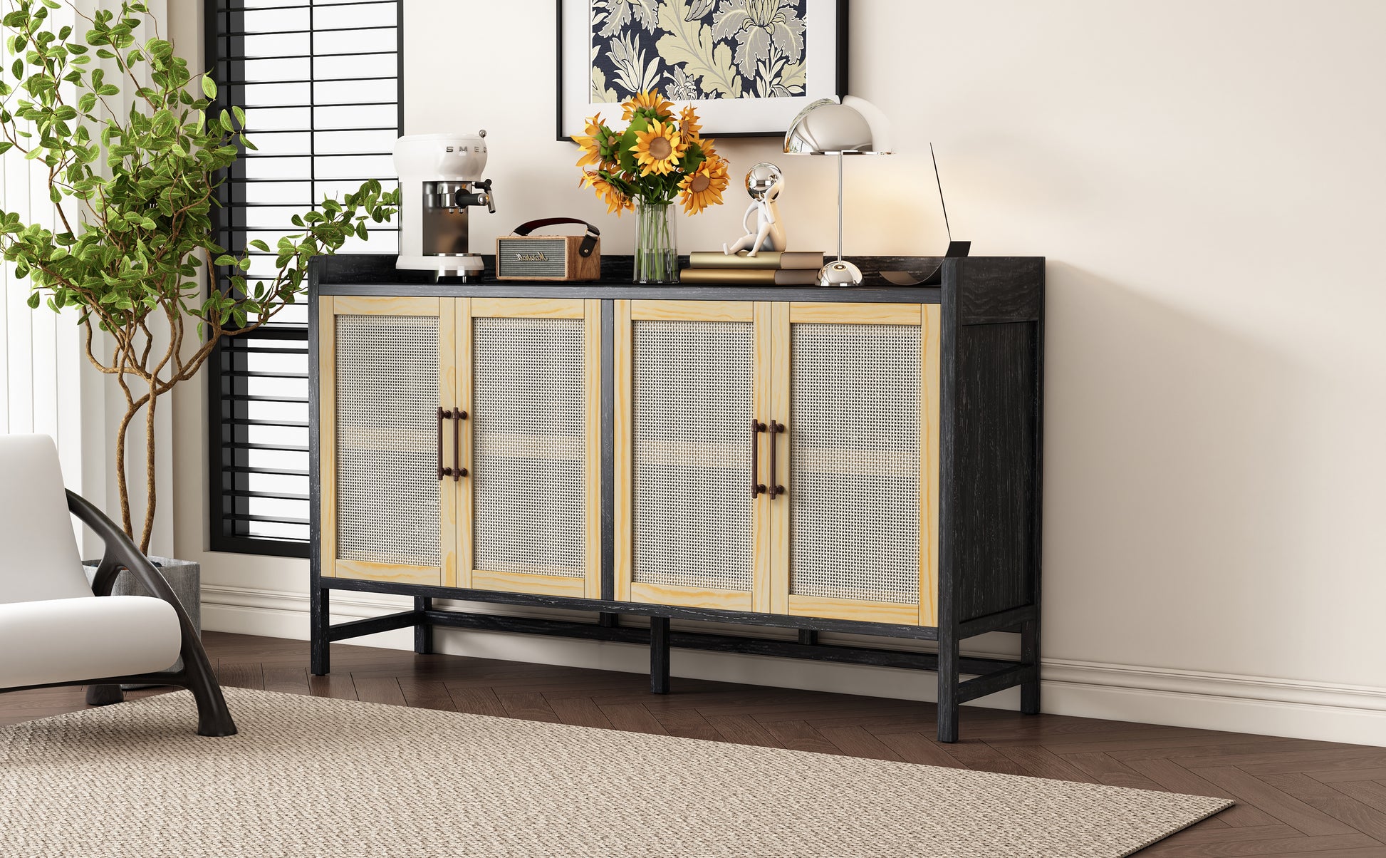 Sideboard Rustic Buffet Cabinet, Sideboard Cabinet With Decorative Rattan Doors, Buffet Cabinet With Storage For Entryway Dining Room Kitchen Living Room, Black Natural Black Natural Mdf