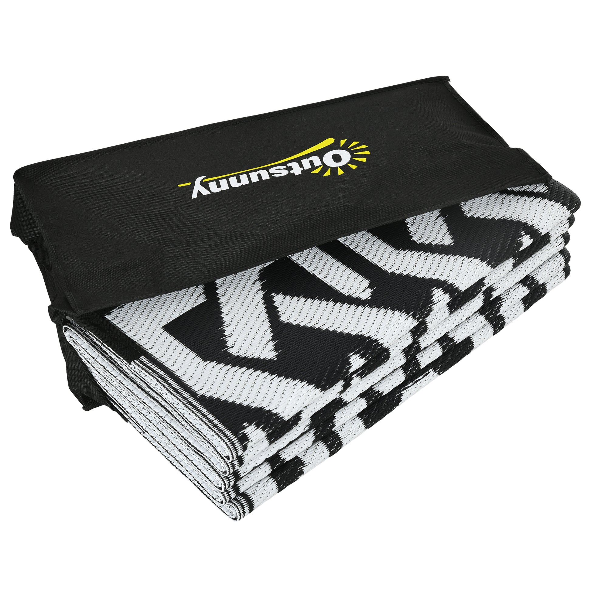 Outsunny Reversible Outdoor Rug, 8' X 10' Waterproof Plastic Straw Floor Mat, Portable Rv Camping Carpet With Carry Bag, Large Floor Mat For Backyard, Deck, Picnic, Beach, Black & White Chain Multicolor Polypropylene