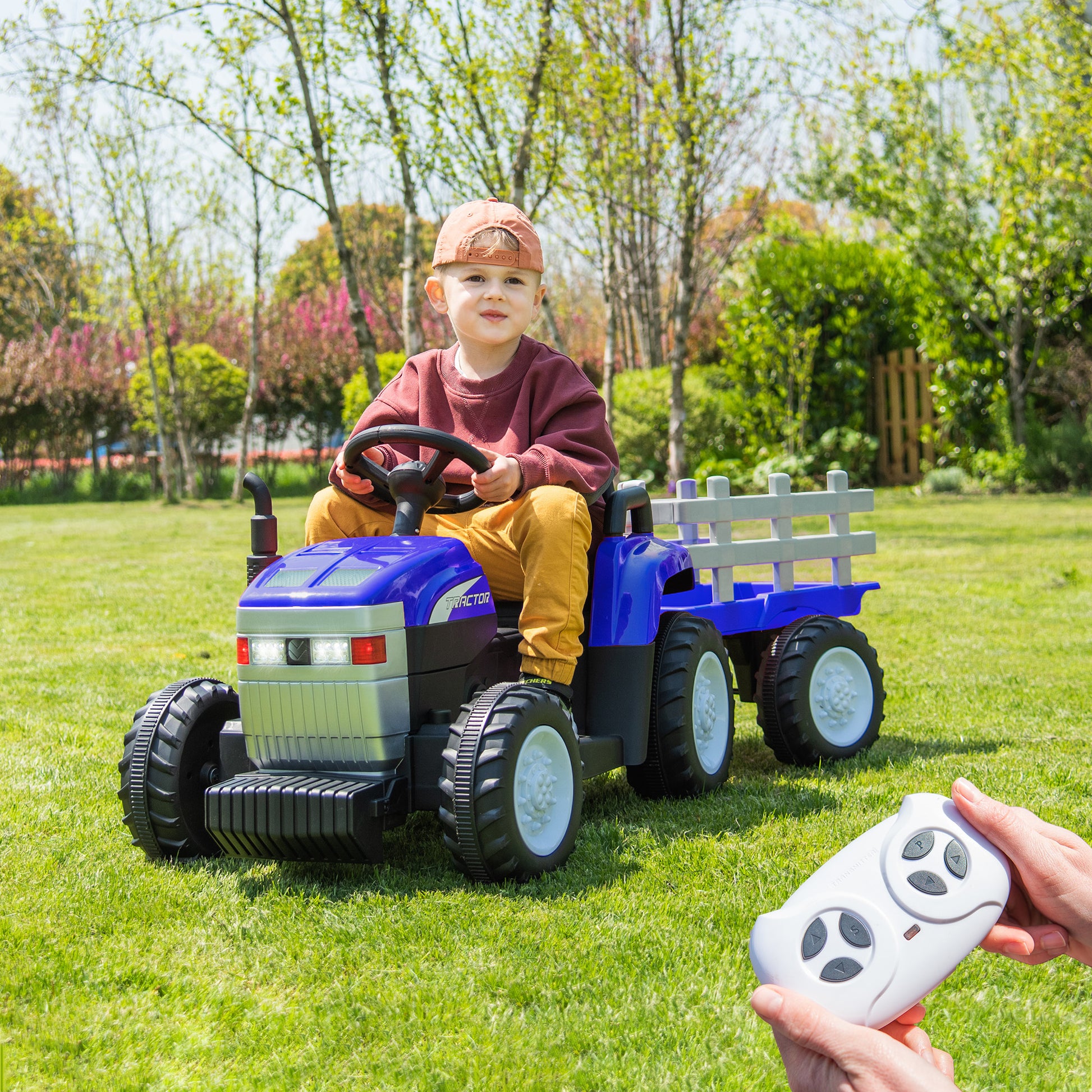 Blue, 12V7Ah Battery Powered Toy Tractor With Trailer, Remote Control, Kids' Electric Excavator Vehicles With 2X35W Dual Motor, Treaded Tires, Led Lights, Usb, Music, Gifts For Boy, Girl Blue 50 99 Lbs Iron Plastic Iron Plastic Indoor & Outdoor Use