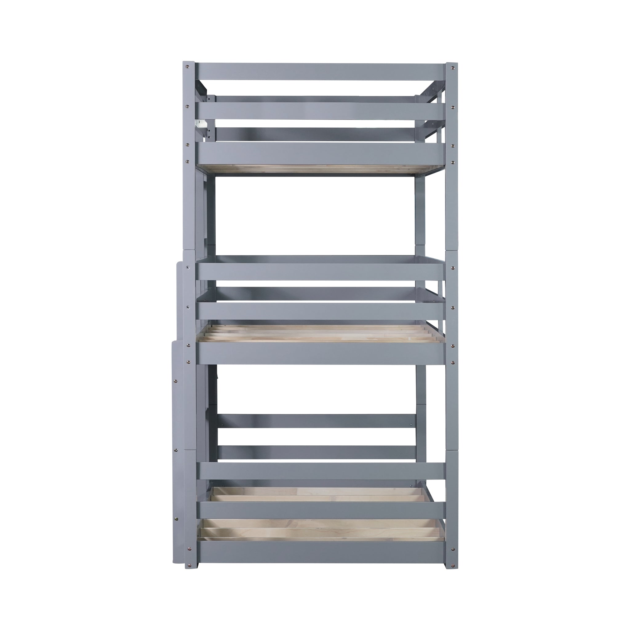 Triple Rubber Wood Bunk Bed With Two Built In Ladders, Guardrails, Twin Over Twin Over Twin, Detachable Triple Twin Bunk Bed,Grey Twin Grey Bedroom American Design Bed Frame Rubber Wood