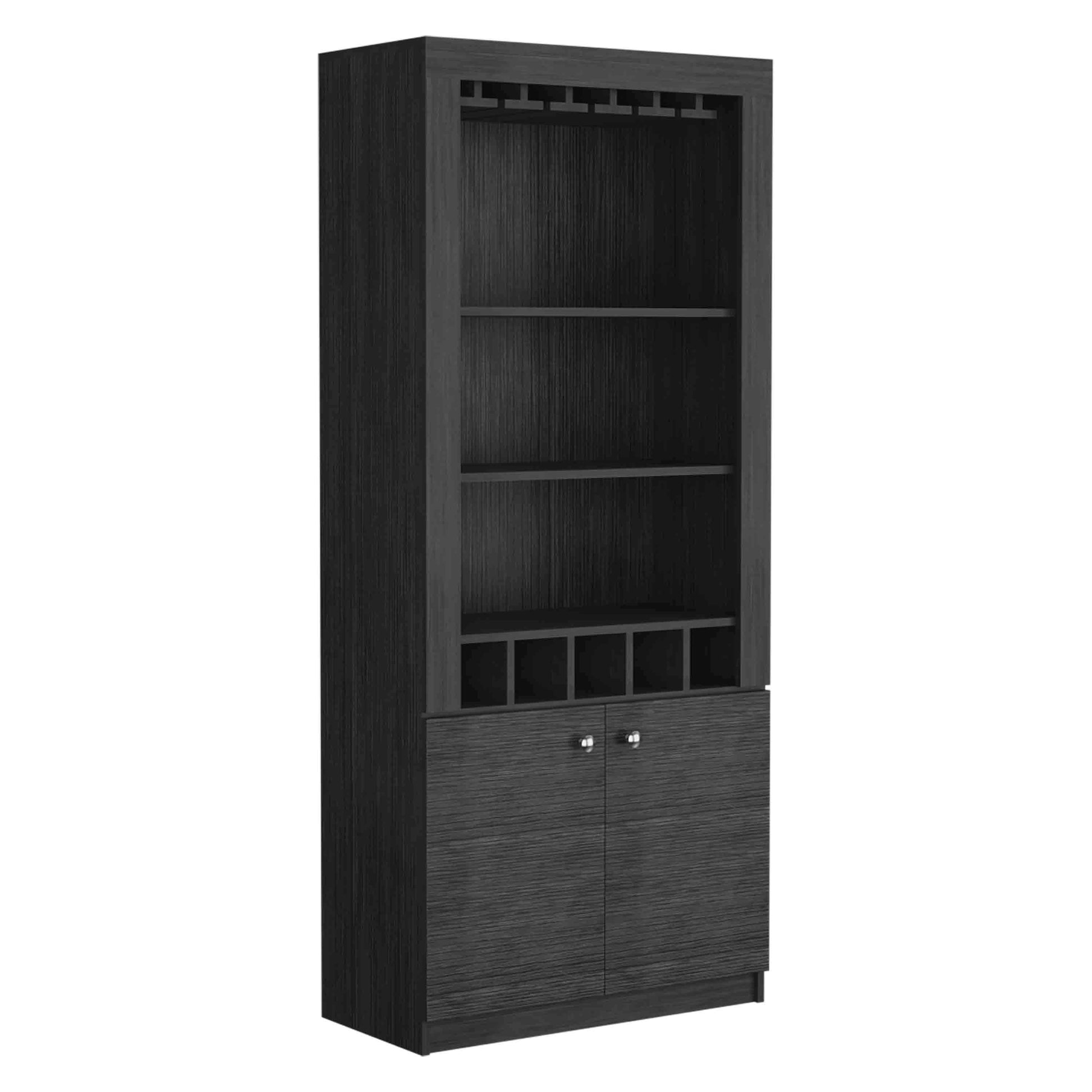 Montenegro Bar Cabinet, Double Door Cabinet, Five Built In Wine Rack, Three Shelves Smokey Oak Gray Kitchen Modern Particle Board Particle Board