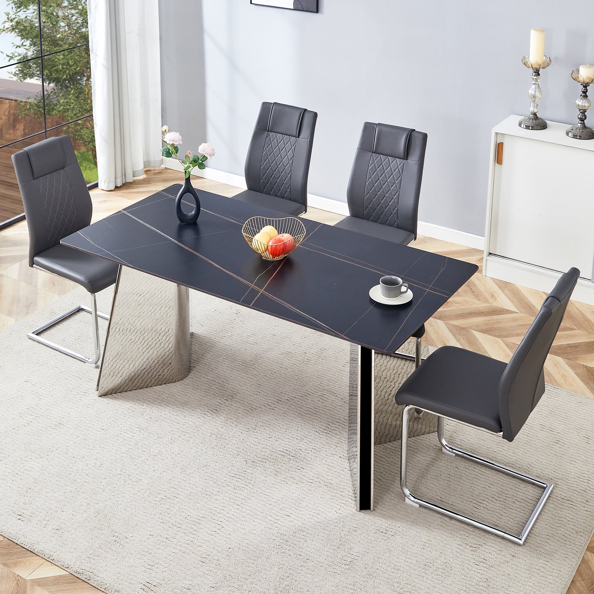 Table And Chair Set.63"X31.5X30" Black Marble Patterned Slabs Tabletop With Stainless Steel Butterfly Legs.Paried With 4 Dark Gray High Quality Pu Chairs With Silver Metal Legs. Dark Gray,Silver