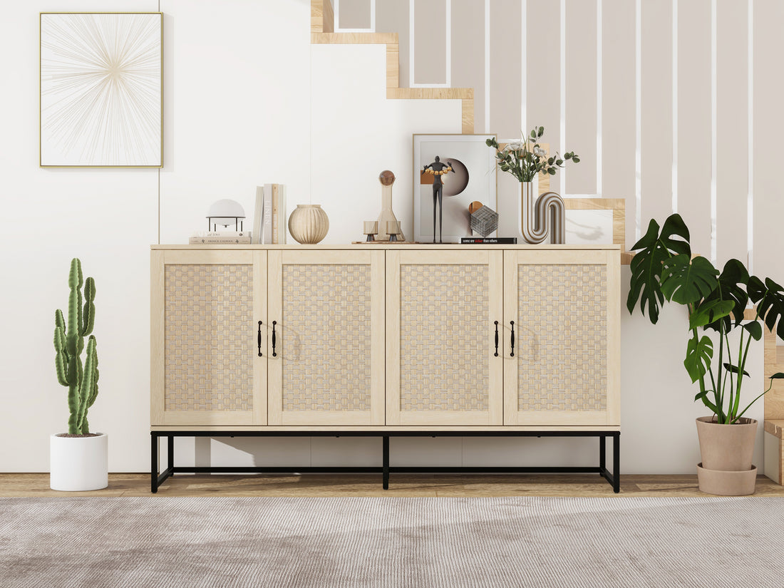 Rattan 4 Door Sideboardsideboard Buffet Storage Cabinet,Accent Storage Cabinetlarge Cabinet With 4 Rattan Decorated Doors For Living Room Dining Room Natural Particle Board Mdf