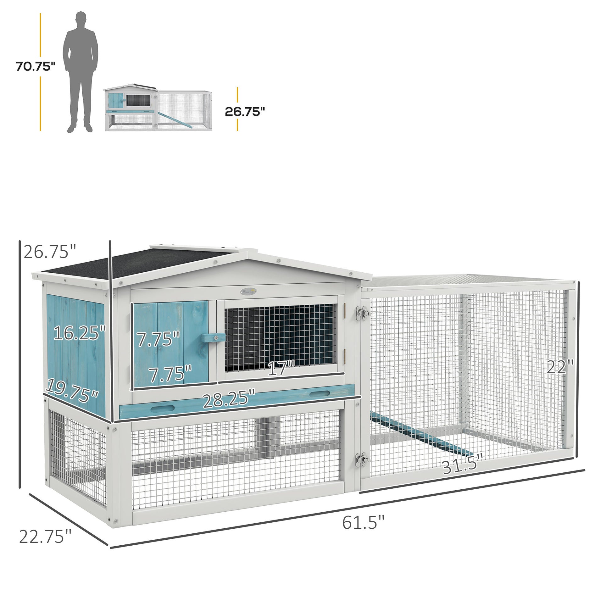 Pawhut Rabbit Hutch 2 Story Bunny Cage Small Animal House With Slide Out Tray, Detachable Run, For Indoor Outdoor, 61.5" X 23" X 27", Light Blue Blue Wood