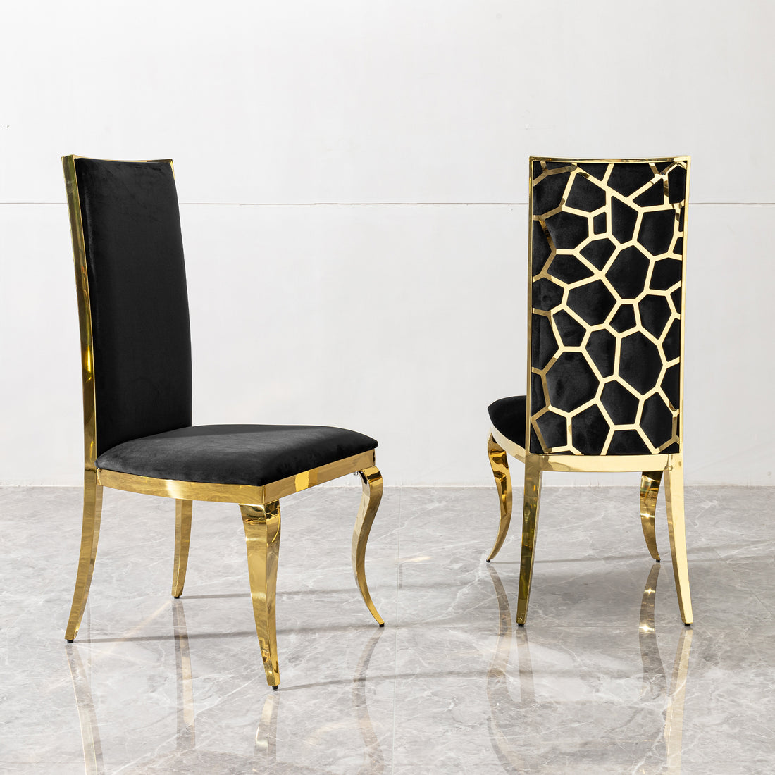 Dining Chair Black Velvet With Unique Design Backrest Set Of 2,Mirror Gold Stainless Steel Legs Gold Sponge Wipe Clean Modern Dining Chairs Stainless Steel