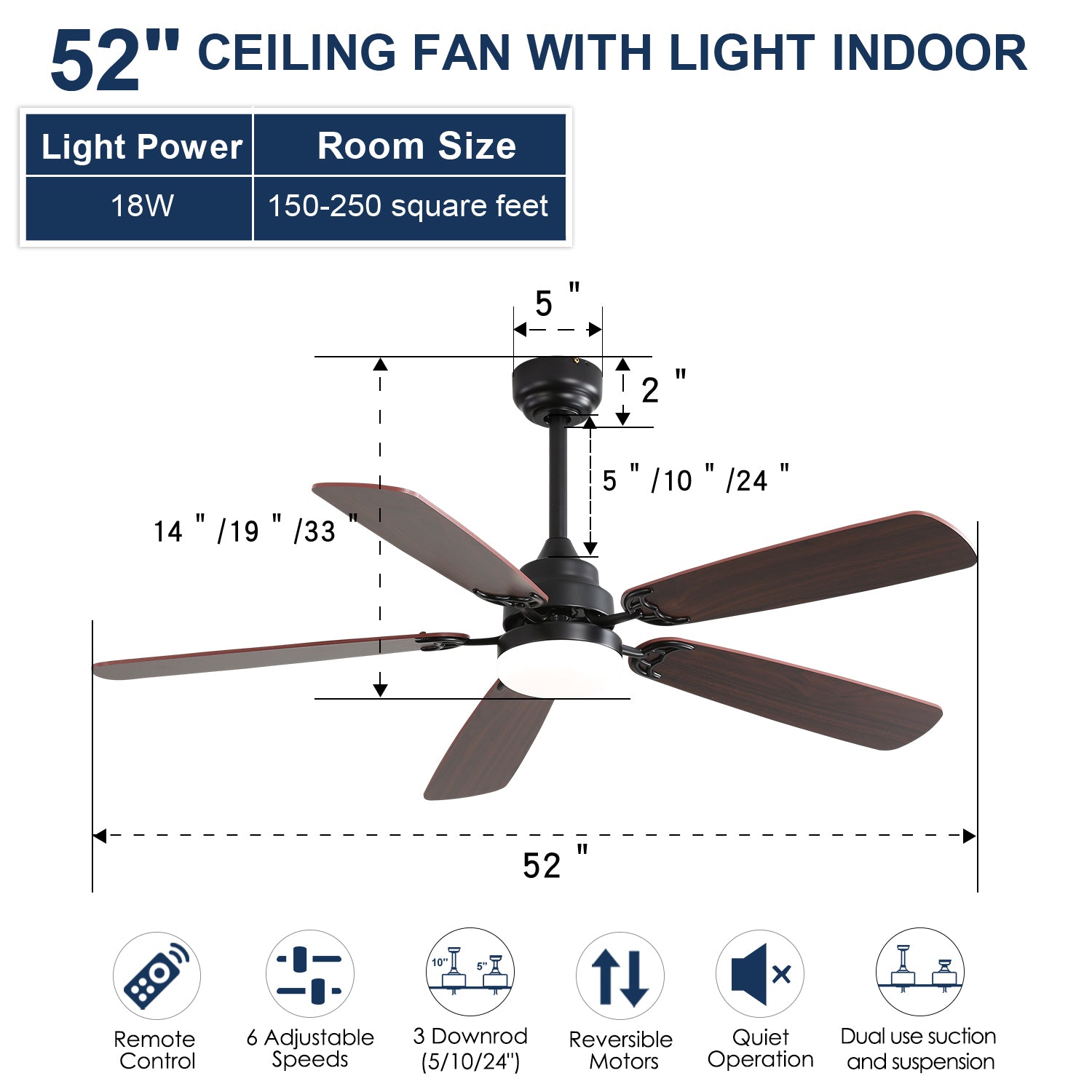 52 Inch Classics Ceiling Fan With Dimmable Led Light 6 Speed Wind 5 Blades Remote Control Dc Motor For Indoor Black Mdf