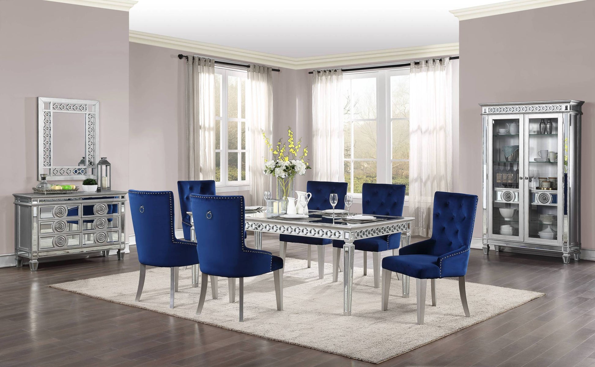 Blue And Antique Platinum Tufted Side Chair Solid Blue Dining Room Side Chair Solid Back 1 Wood Fabric