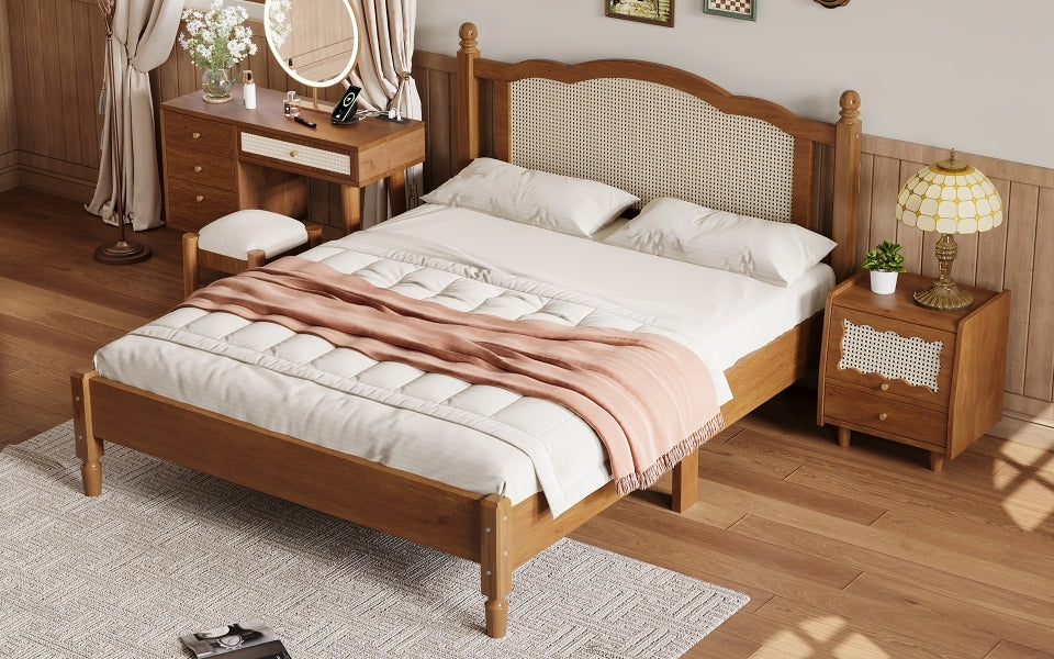 Queen Size Wooden Platform Bed With Natural Rattan Headboard, Vintage Bed Frame With Wooden Slat Support, Walnut Expected Arrival Time: 08.23 Box Spring Not Required Queen Walnut Wood