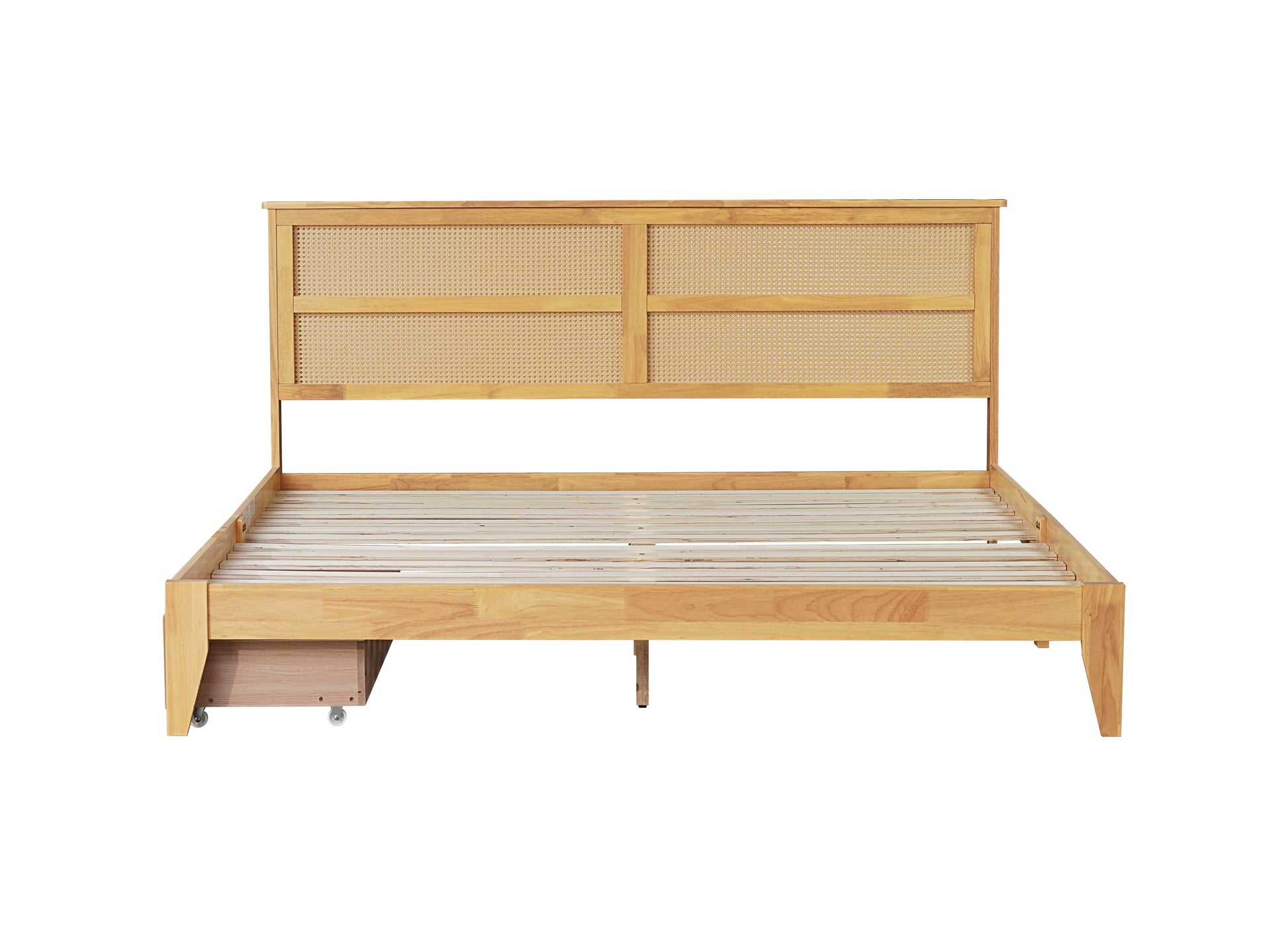 King Size Bed With Rattan Headboard, Two Storage Drawers, Rubber Wood Bed With Enhanced Support Salts And Feet,White Oak King White Oak Rubber Wood