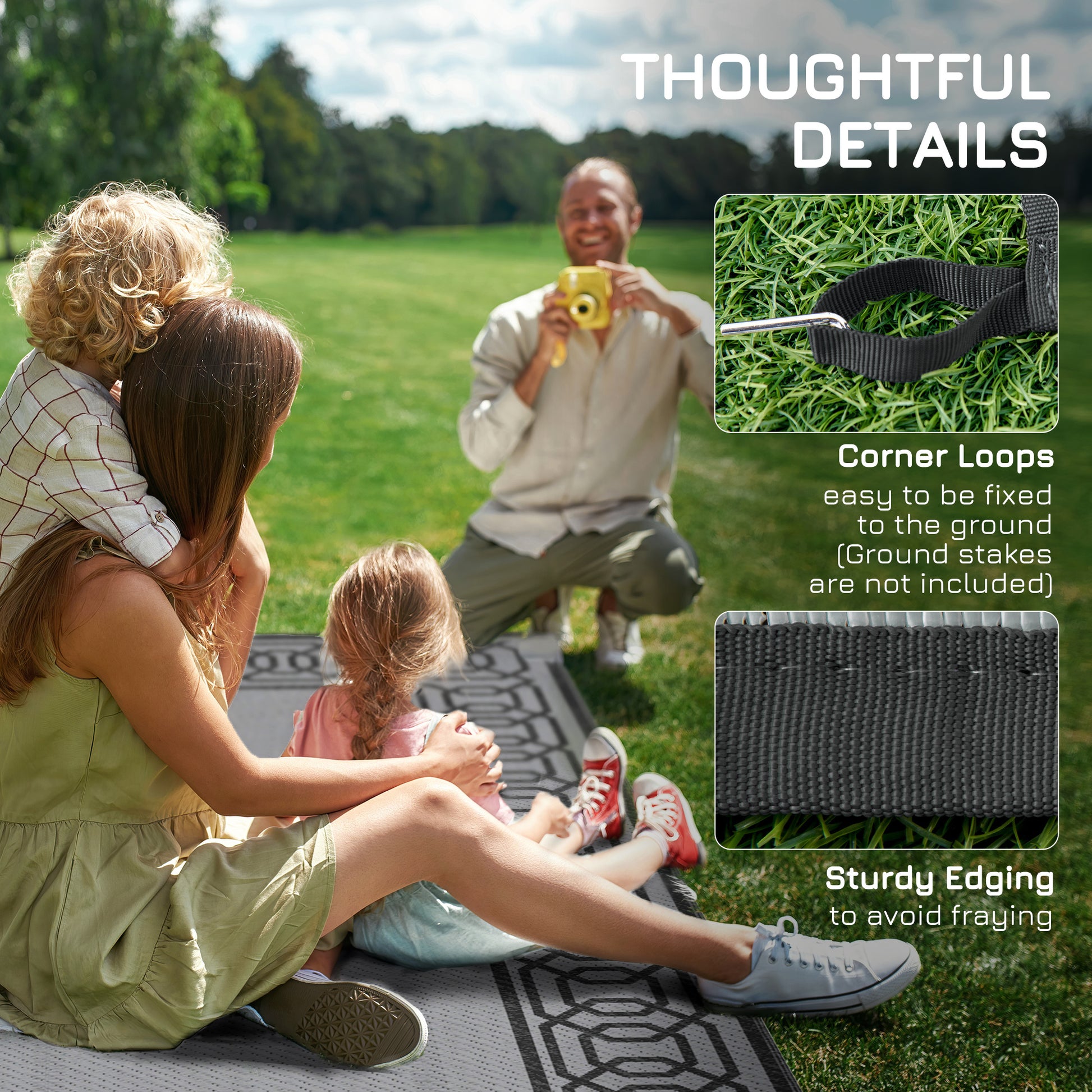 Outsunny Reversible Outdoor Rug, 9' X 12' Waterproof Plastic Straw Floor Mat, Portable Rv Camping Carpet, Large Floor Mat For Backyard, Deck, Picnic, Beach, Black & Gray Border Black Grey Plastic