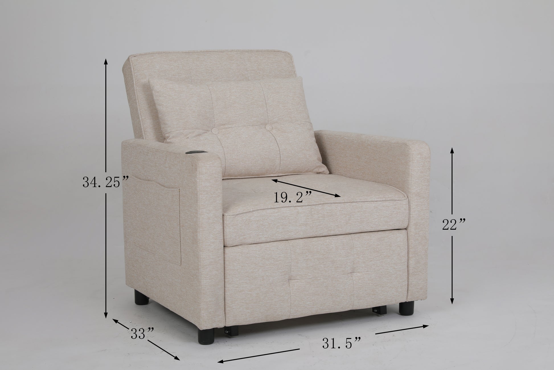 Sleeper Chair 3 In 1 Convertible Chair Bed Pull Out Sleeper Chair Beds Adjustable Single Armchair Sofa Bed With Usb Ports, Side Pocket, Linen Beige Beige Linen Manual Handle Metal Primary Living Space Medium Soft Handle Pine Square Arms Foam Linen