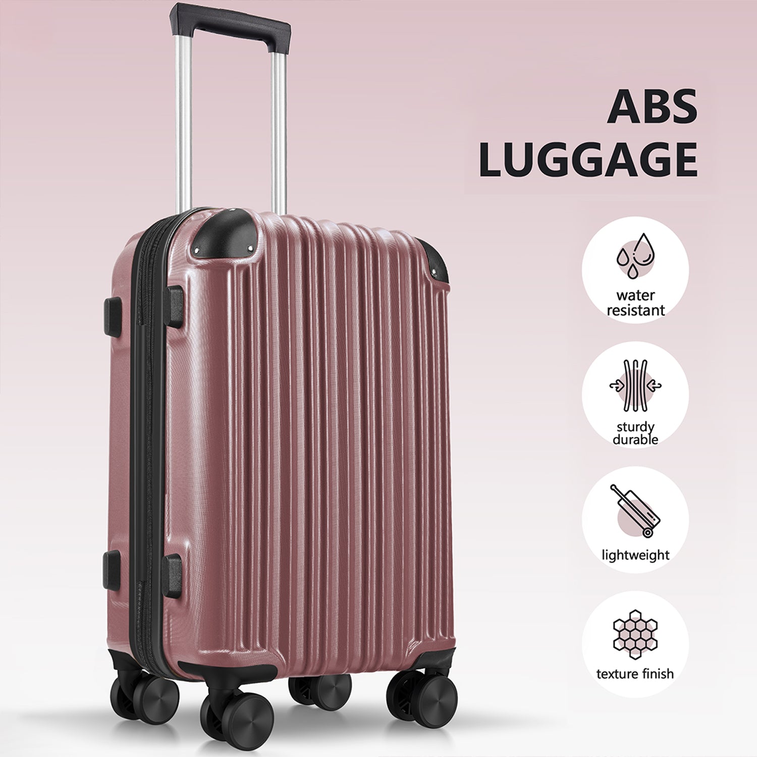 3 Piece Luggage Set With Tsa Lock& Double Spinner Wheels, Expandable For Large Storage Rose Gold Abs