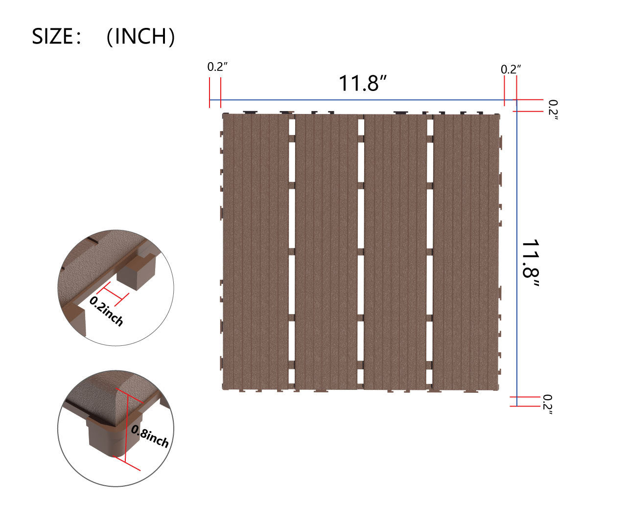 Plastic Interlocking Deck Tiles,44 Pack Patio Deck Tiles,12"X12" Square Waterproof Outdoor All Weather Use, Patio Decking Tiles For Poolside Balcony Backyard, Brown Brown Polypropylene