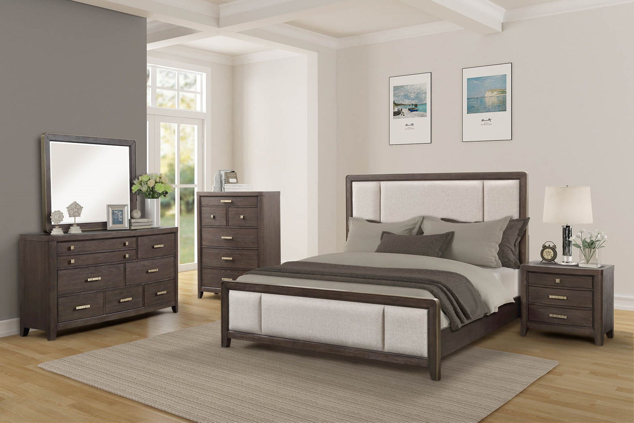 King Upholstered Headboard & Footboard Antique Brown Wood Finish With Traditional Styling King Beige Solid Wood Mdf