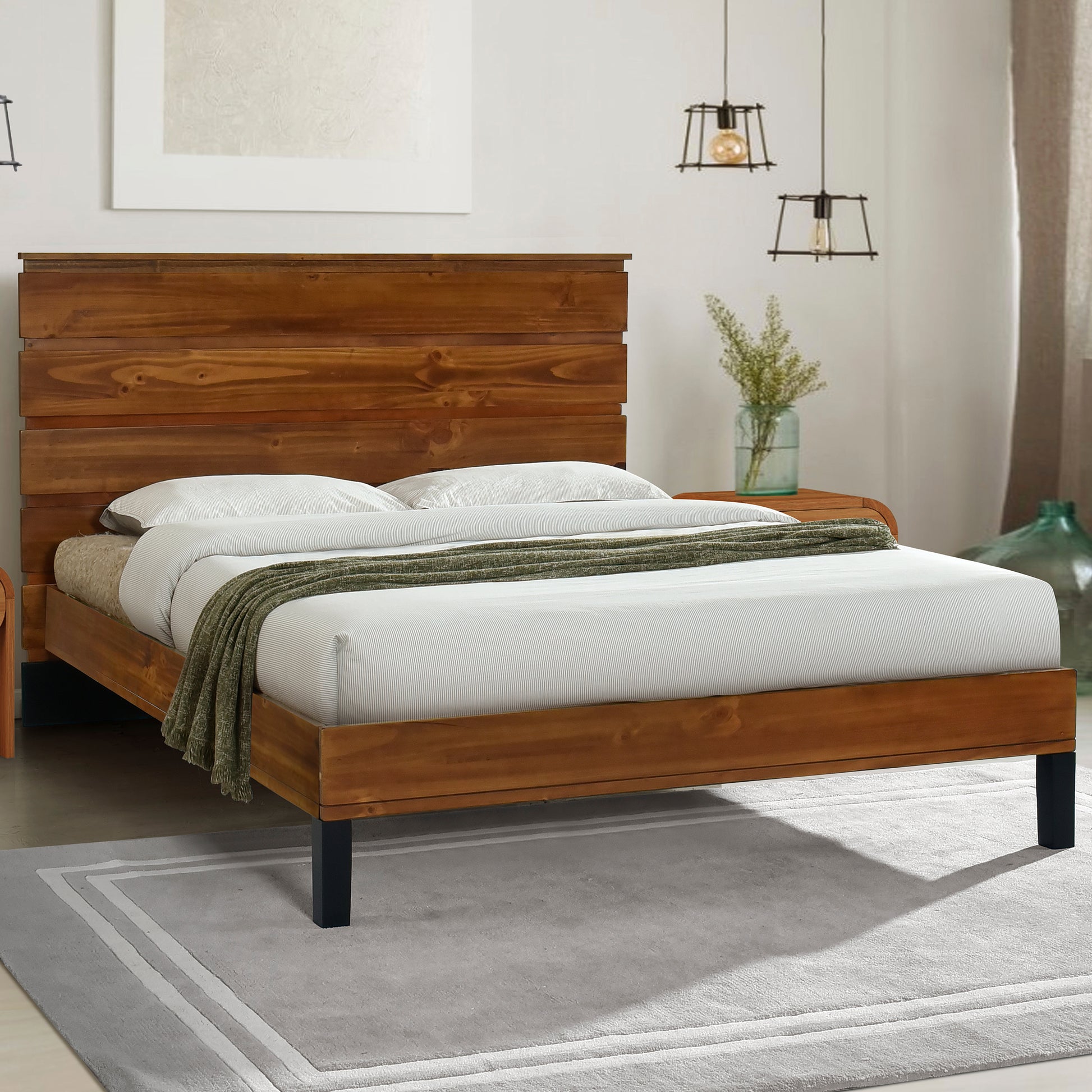 Mid Century Modern Solid Wood Bed Frame Queen Size Platform Bed With Six Piece Headboard Design, No Box Spring Needed, Brown Queen Brown Pine