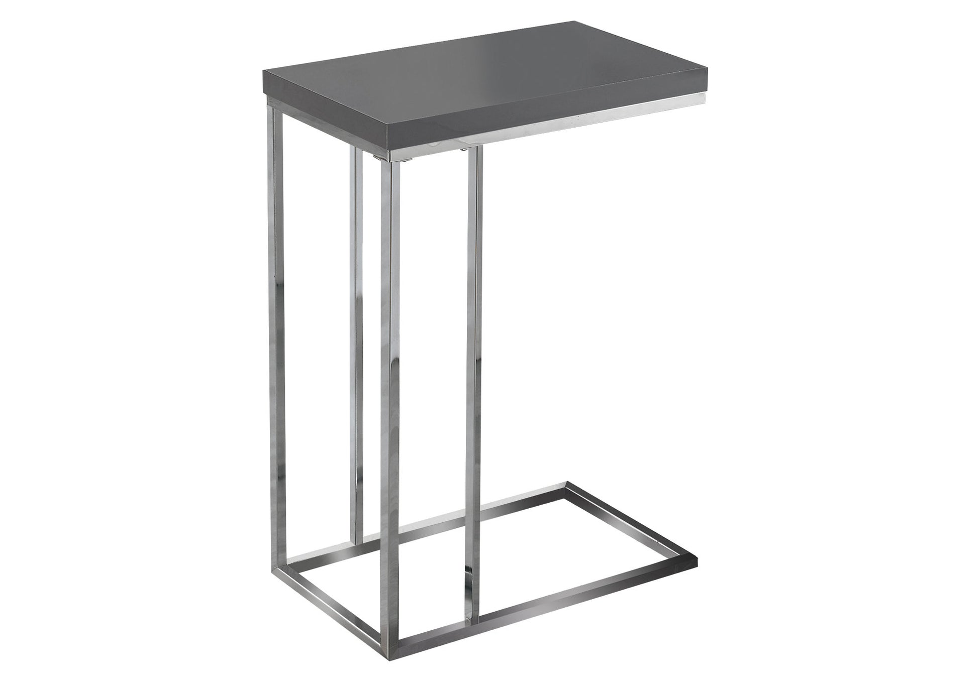 Accent Table, C Shaped, End, Side, Snack, Living Room, Bedroom, Glossy Grey Laminate, Chrome Metal, Contemporary, Modern Grey Particle Board