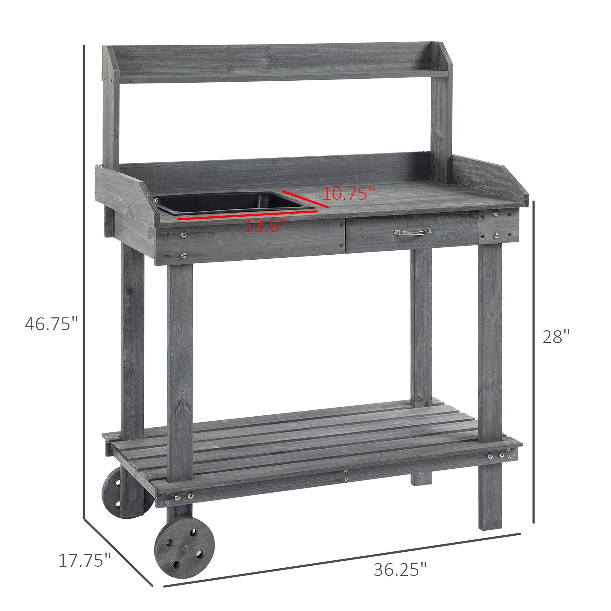 Outsunny 36'' Wooden Potting Bench Work Table With 2 Removable Wheels, Sink, Drawer & Large Storage Spaces, Gray Gray Wood