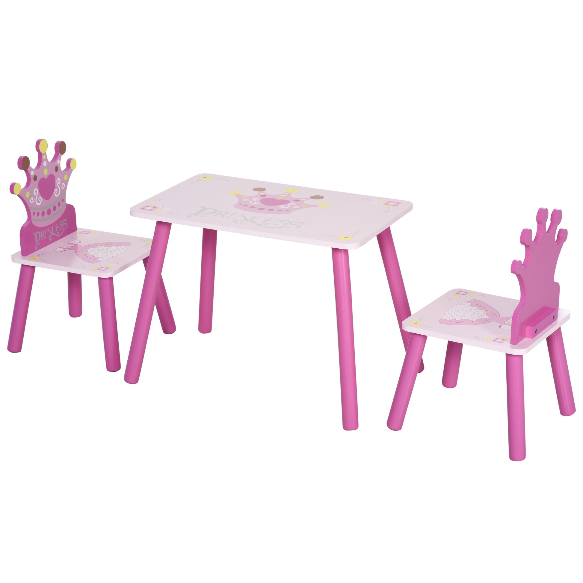 Qaba 3 Piece Kids Wooden Table And Chair Set With Crown Pattern Gift For Girls Toddlers Arts Reading Writing Age 2 4 Years Pink Pink Wood