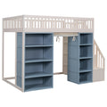 Full Size Loft Bed With 2 Four Layer Storage Cabinets And Curtain,White Blue White Solid Wood Mdf