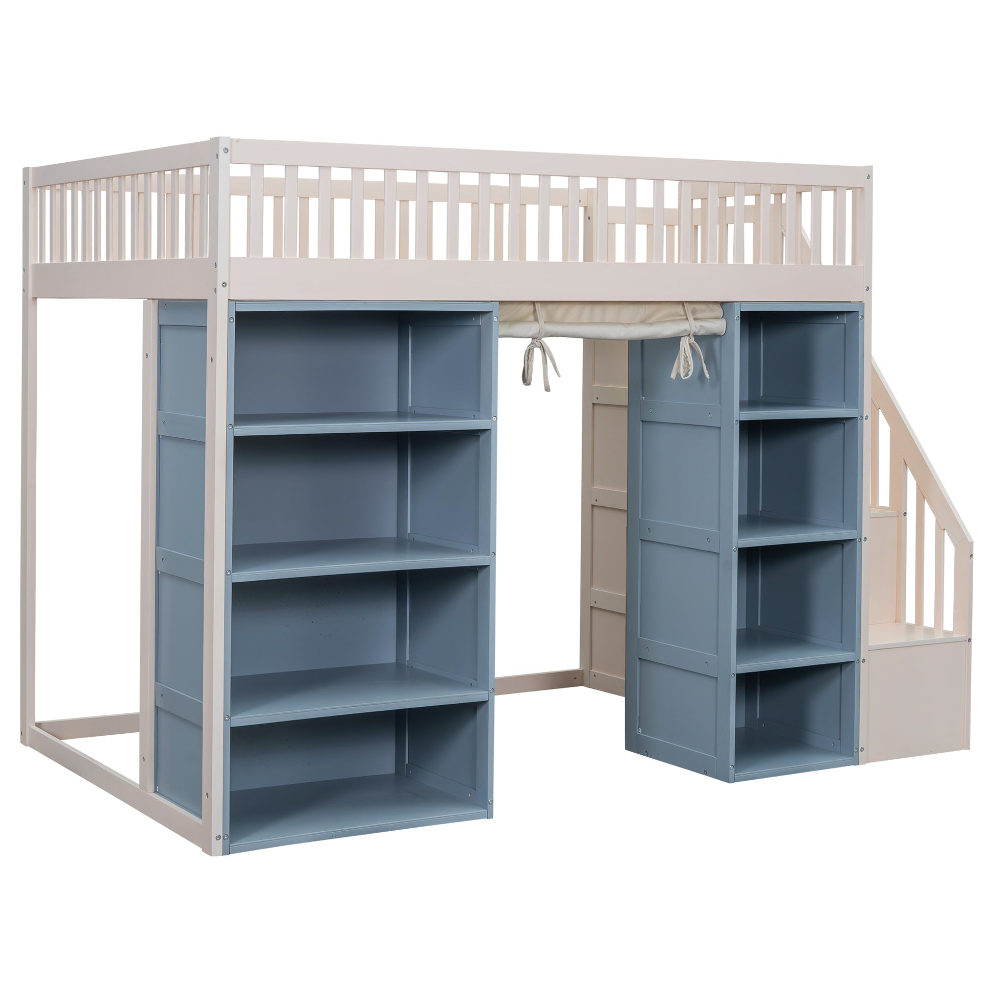 Full Size Loft Bed With 2 Four Layer Storage Cabinets And Curtain,White Blue White Solid Wood Mdf