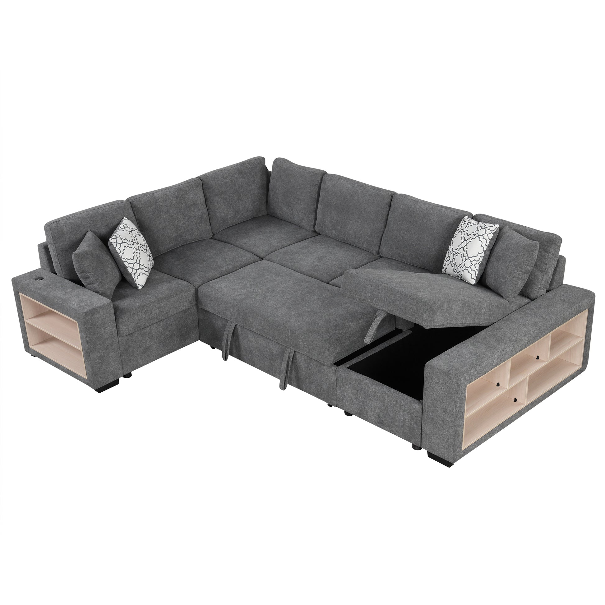 109" U Shaped Sectional Sofa Pull Out Sofa Bed With Two Usb Ports, A Storage Chaise Lounge And Four Back Pillows For Living Room, Grey Grey Foam Chenille 5 Seat