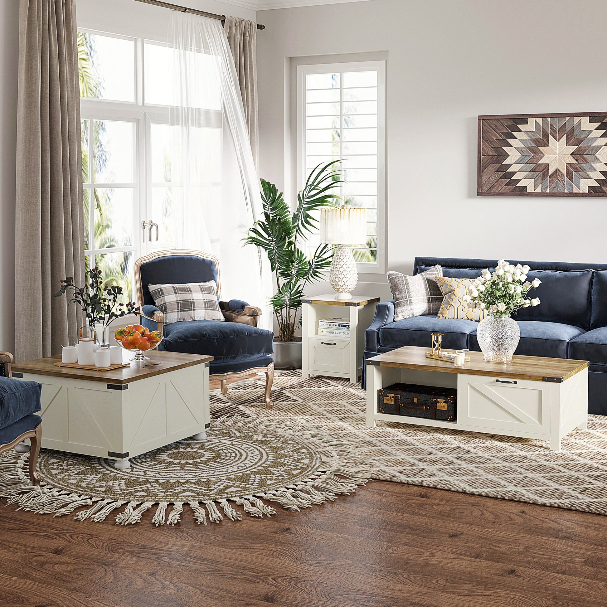 Homcom Farmhouse Coffee Table With Storage And Drawer, Rustic Coffee Table For Living Room, Open Shelf, White White Deep Walnut Particle Board