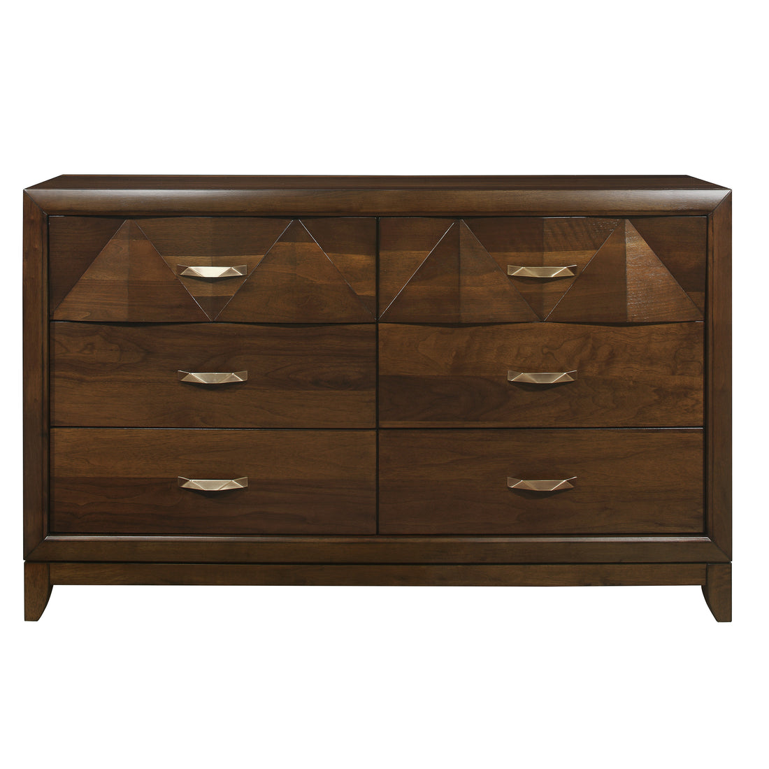 Modern Bedroom Walnut Finish 1Pc Dresser Of 6 Drawers Decorative Angled Front Satin Brass Tone Handles Wooden Furniture Walnut Contemporary,Modern Wood