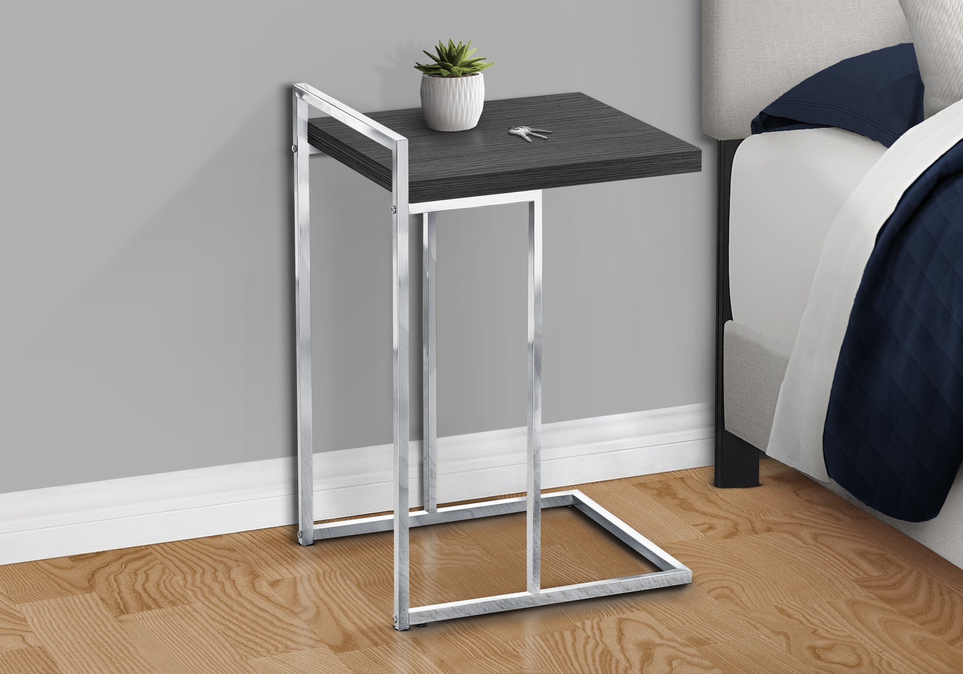 Accent Table, C Shaped, End, Side, Snack, Living Room, Bedroom, Grey Laminate, Chrome Metal, Contemporary, Modern Grey Particle Board