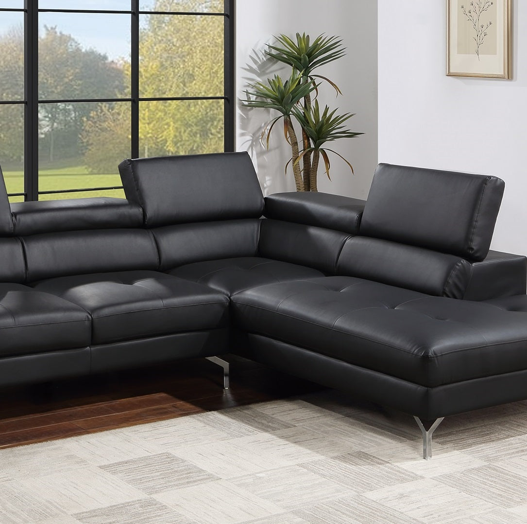 Black Color Sectional Couch 2Pc Set Living Room Furniture Faux Leather Right Facing Chaise And Left Facing Sofa Metal Legs Black Faux Leather Primary Living Space Classic,Contemporary,Modern L Shaped Faux Leather,Metal,Solid Wood 5 Seat