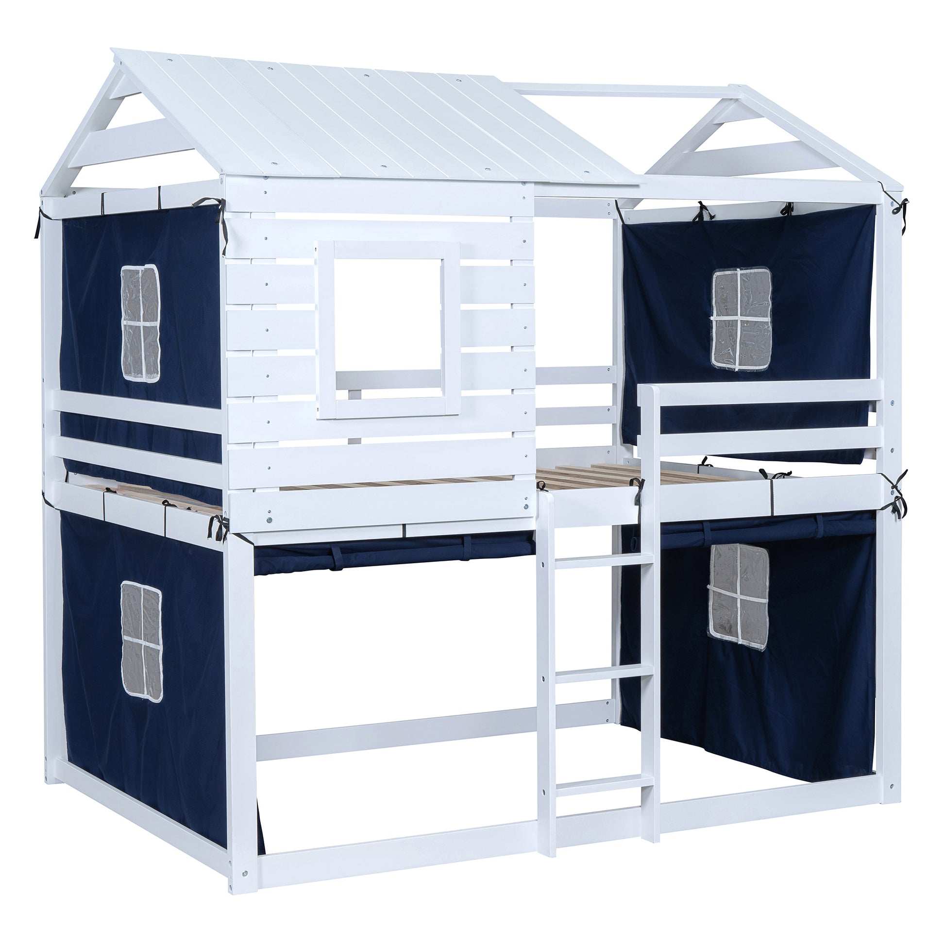 Full Size Bunk Wood House Bed With Tent, Blue White Full Blue Solid Wood Mdf