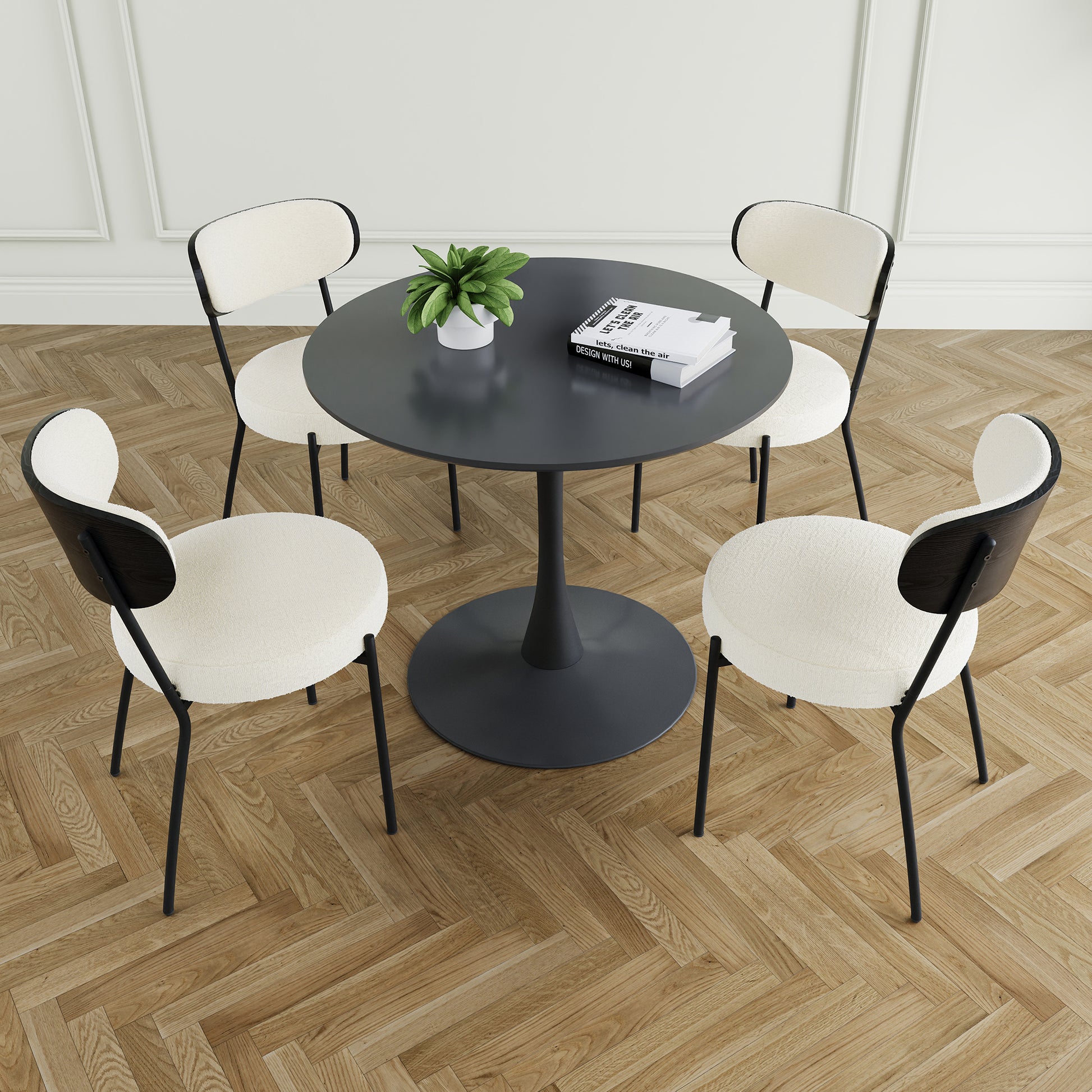 Modern Grey Simple Teddy Velvet Dining Chair Upholstered Chair Family Bedroom Stool Back Dressing, Black Round Table Set,Bentwood Covered With Ash Veneer Chair Back,Chair Black Metal Legs Set Of 5 Black Mdf