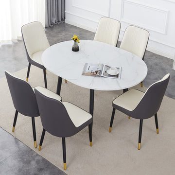 Table And Chair Set.Modern Extendable Mdf Dining Table.The Table Has A Telescopic Design, Suitable For Gatherings Of Different Size.Paired With 6 Chairs With Pu Cushions And Black Metal Legs. Dark Gray,White Seats 6 Mdf Metal