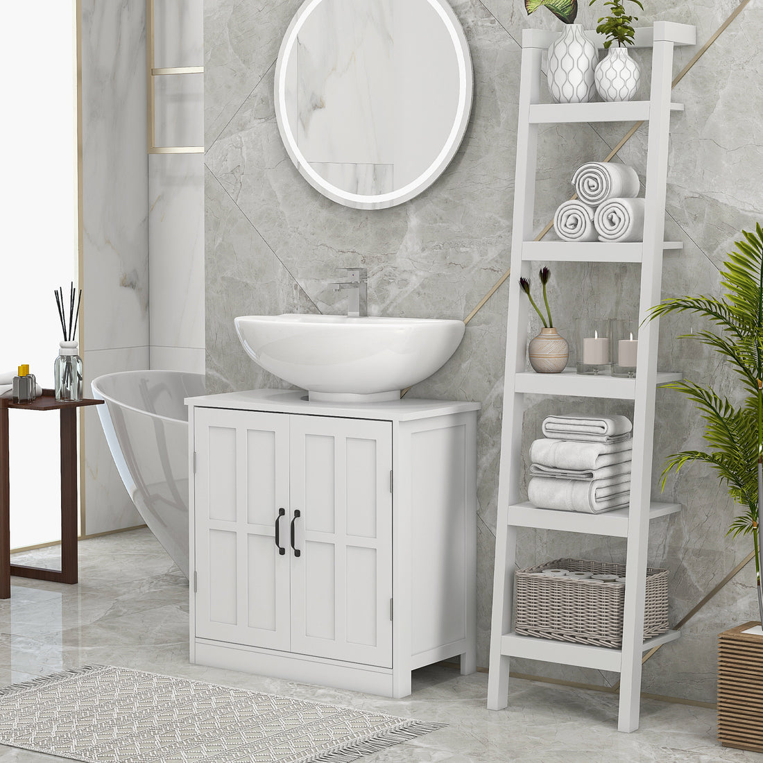 Bathroom Sink Cabinet, Pedestal Sink Cabinet With Adjustable Shelf, White White Particle Board