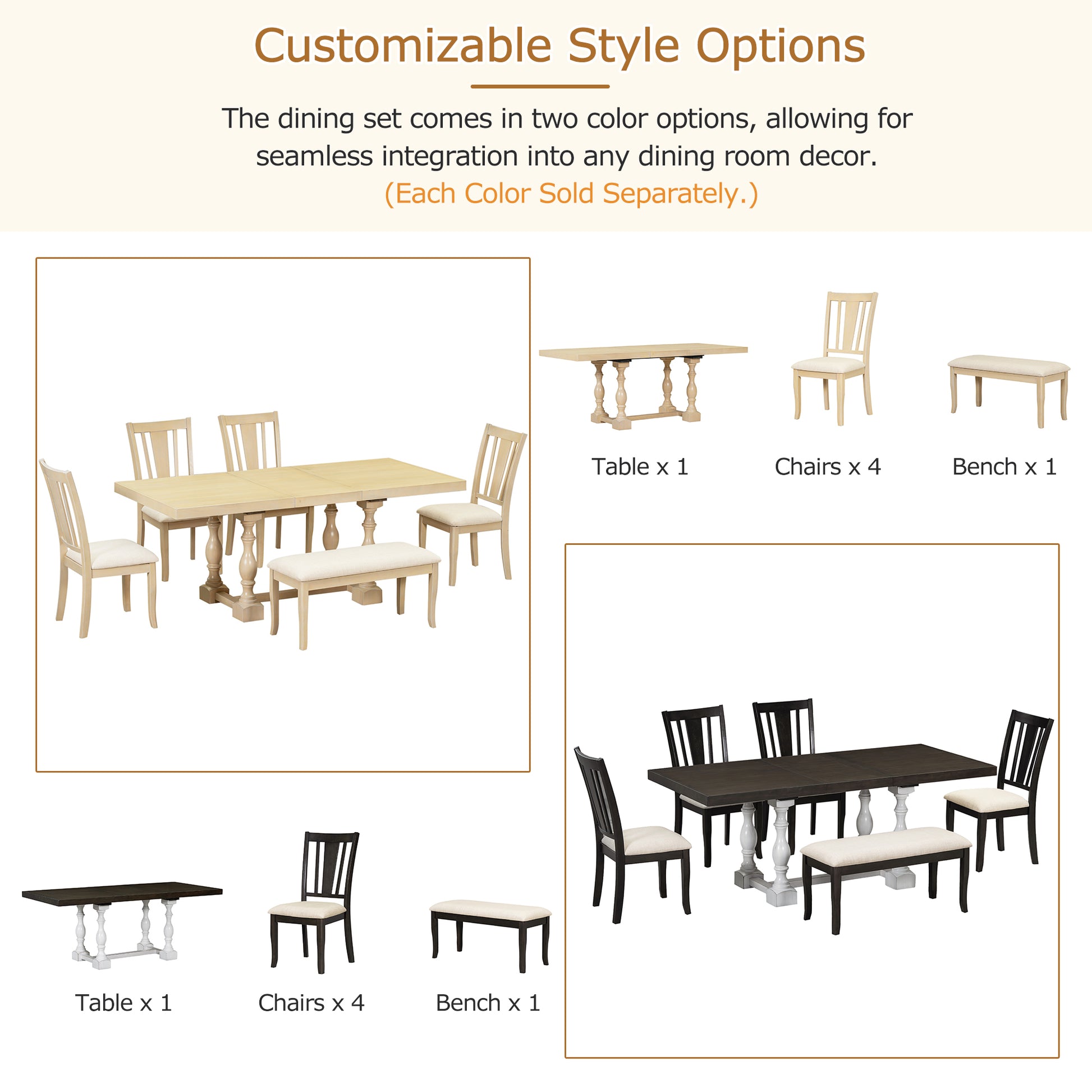 Traditional 6 Piece 78Inch Trestle Extendable Dining Table Set With One 18Inch Removable Leaf, Padded Dining Chairs And Bench,Distressed White Brown Wood Dining Room Solid Wood Rubberwood Rectangular Dining Table With Chair And Bench Upholstered Chair