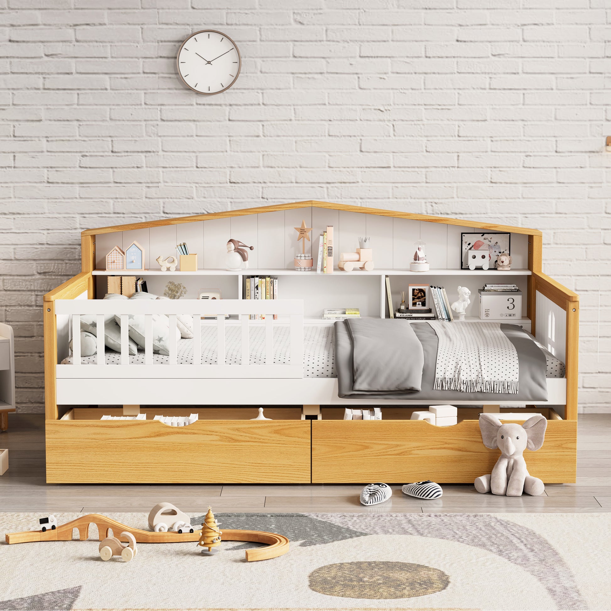 Twin Size House Shape Bed With Two Drawers And Bookcase Headboard Wooden Bed For Girls Boys Teens, No Box Spring Needed, Walnut And White Box Spring Not Required Twin White Walnut Wood Bedroom Cute Pine Bed Frame Wood