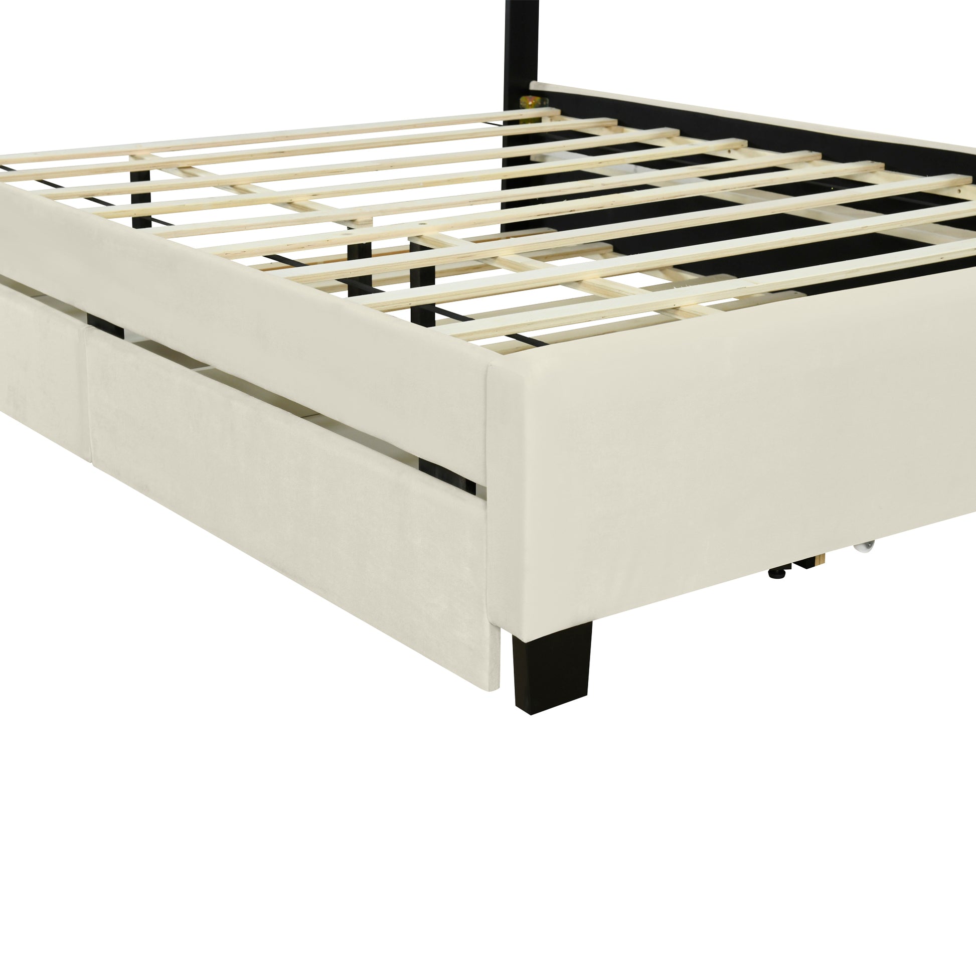 Queen Size Upholstered Platform Bed With Twill Headboard, Pullout Bed And Two Drawers, Flannel, Beige Queen Beige Mdf Lvl