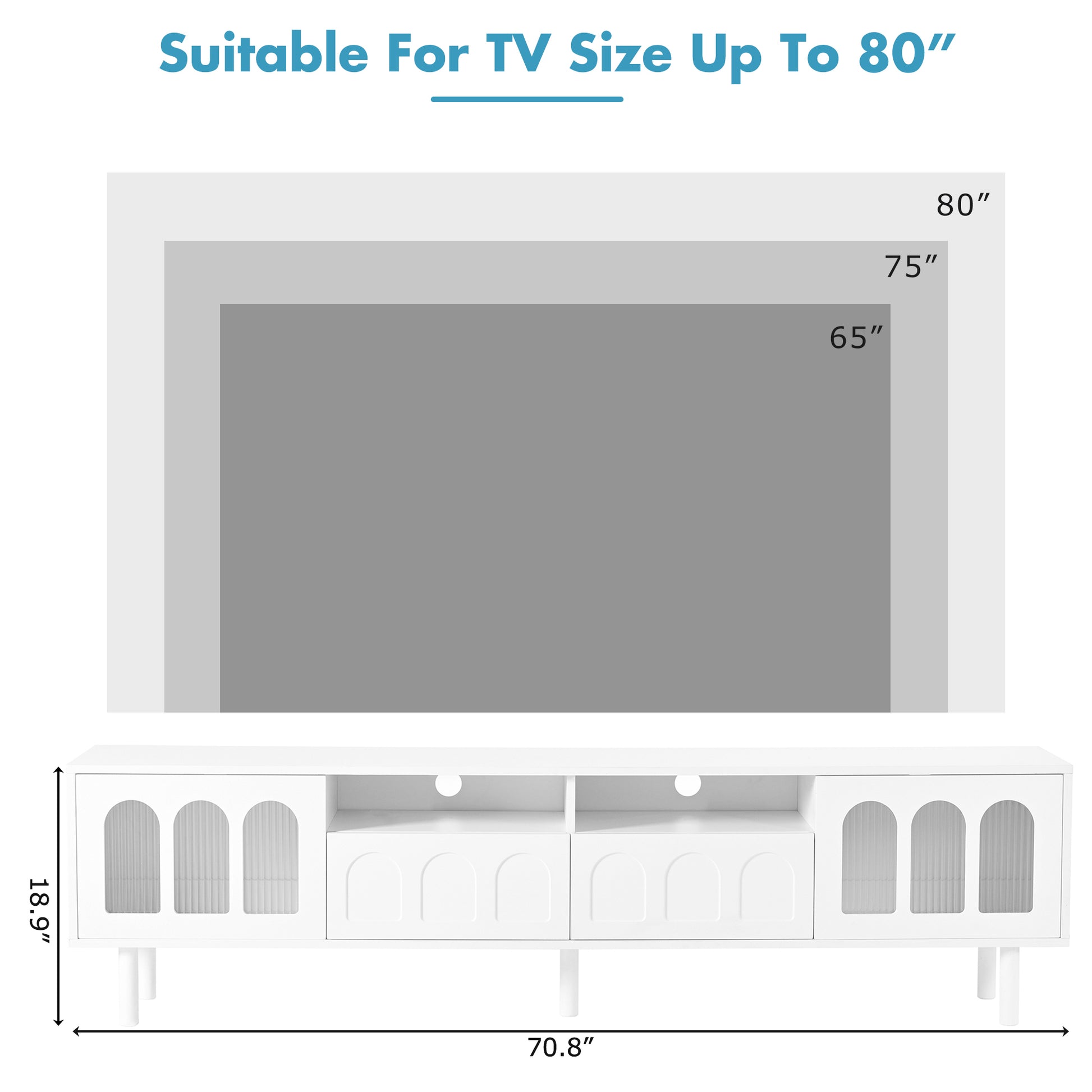 Cream Style Tv Stand With Led Light Strip For Tvs Up To 80'', Graceful Entertainment Center With 5 Solid Wood Legs, Large Storage Media Console With Fluted Tempered Glass Doors, White White 80 89 Inches Particle Board