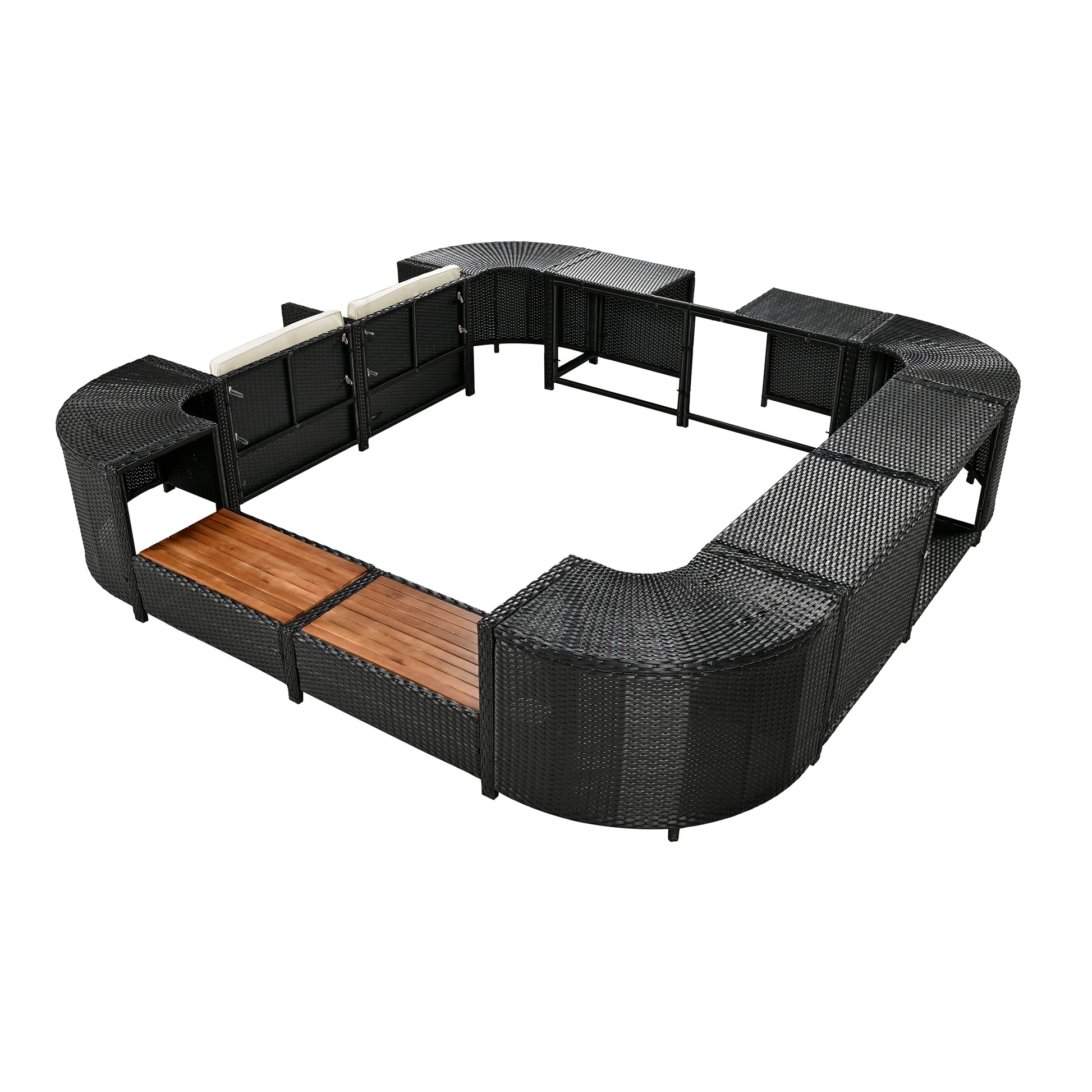 Spa Surround Spa Frame Quadrilateral Outdoor Rattan Sectional Sofa Set With Mini Sofa,Wooden Seats And Storage Spaces, Beige Yes Beige Water Resistant Frame Water Resistant Cushion Garden & Outdoor Sectional Seating Groups Foam Rattan Waterproof Fabric