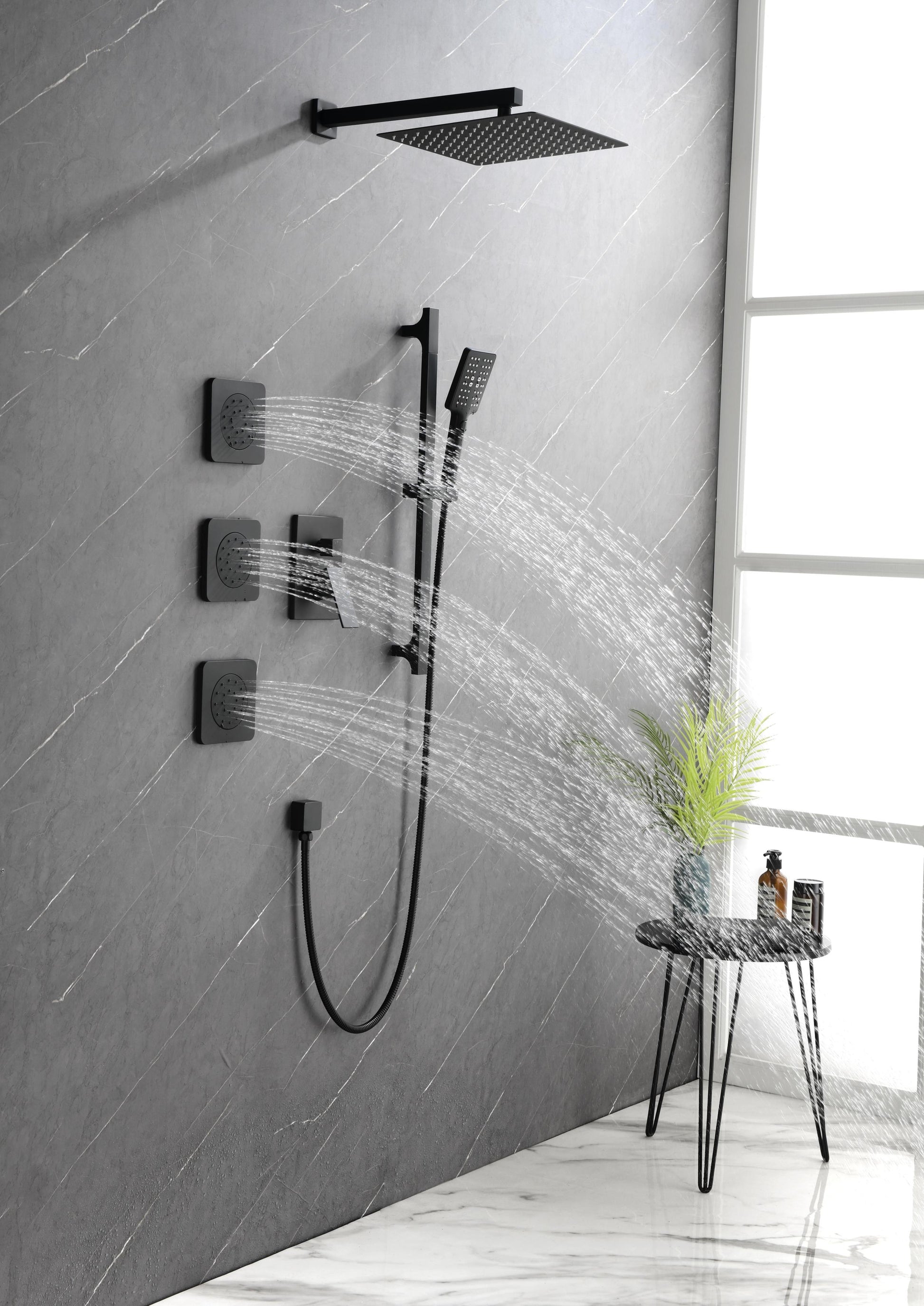 Wall Mounted Shower System In Matte Black With Shower Head, Handheld Shower, 3 Body Jets Matte Black Brass Brass
