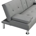Sofa Bed With Armrest Two Holders Wood Frame, Stainless Leg, Futon Grey Pvc Grey Leather 2 Seat