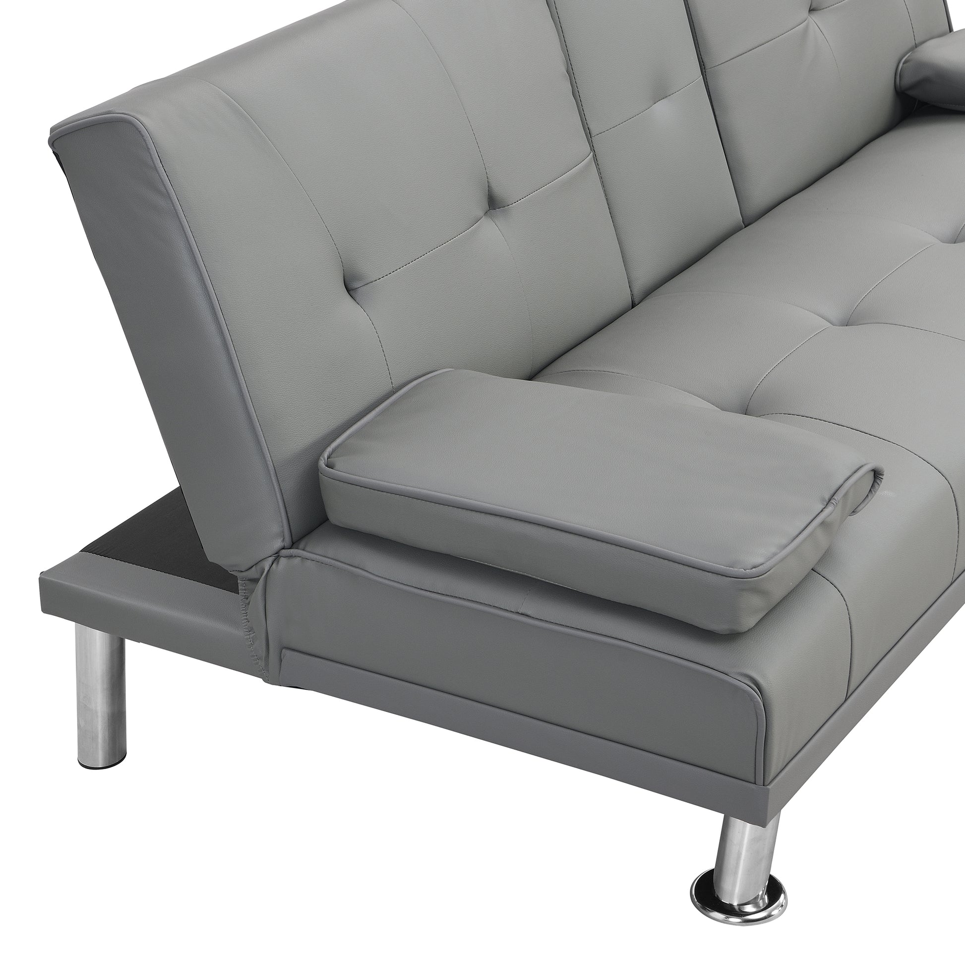 Sofa Bed With Armrest Two Holders Wood Frame, Stainless Leg, Futon Grey Pvc Grey Leather 2 Seat