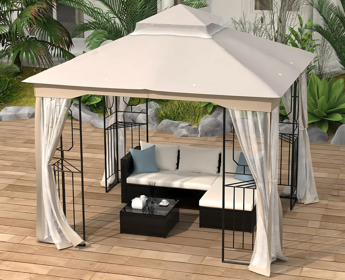 10X10Ft Softtop Metal Gazebo With Mosquito Net&Sunshade Curtains,Sturdy Heavy Duty Double Roof Canopy,Galvanized Steel Design Outdoor Tent,Suitable For Gardens,Patio,Backyard Beige Metal Waterproof Fabric