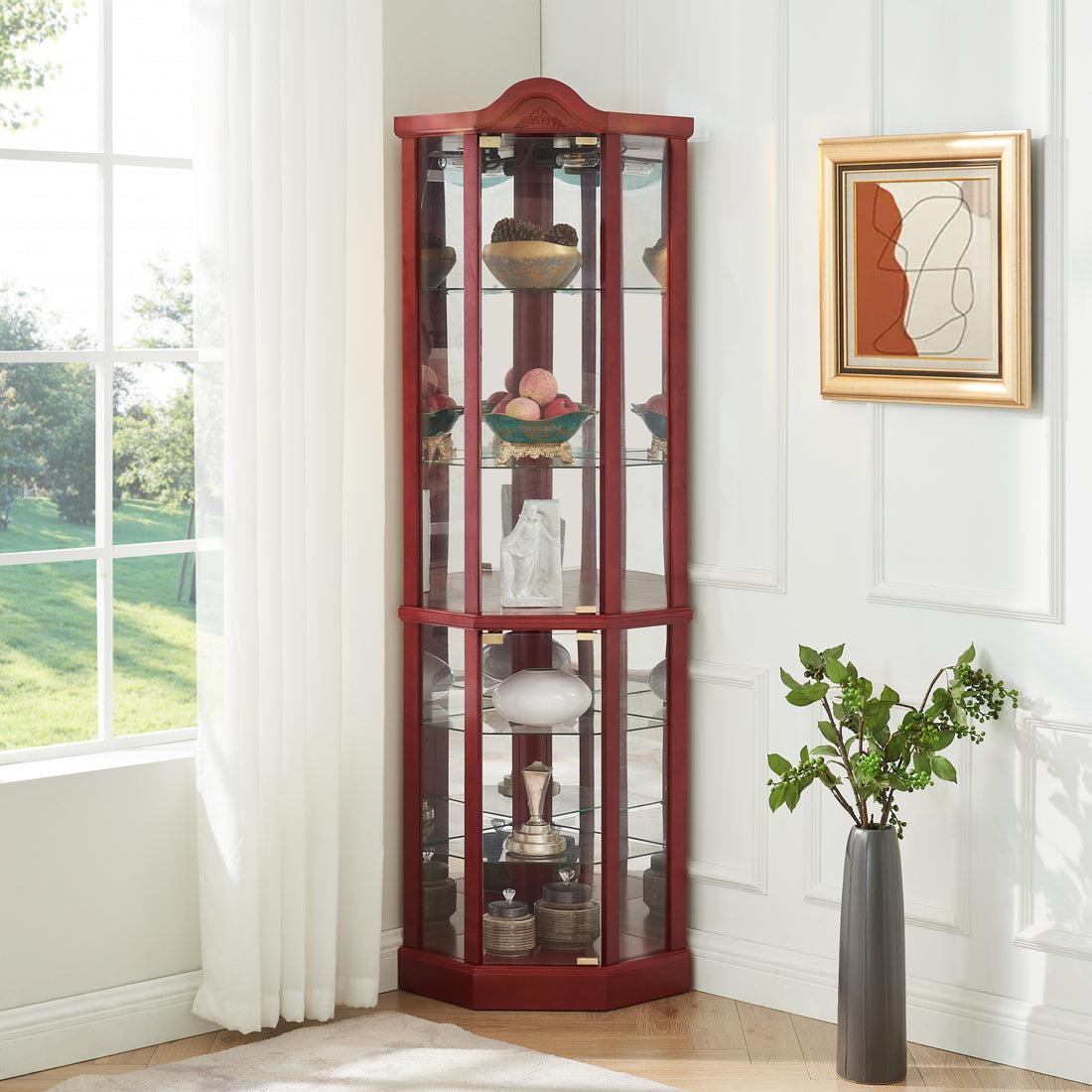 Glass Cabinet Lighted Corner Cabinet Corner Display Curio Cabinet, Glass Display With Light Included Bar Cabinet,Wine Cabinet With Adjustable Glass Shelves Carved Decoration Cherry Light Included Cherry Mdf Glass