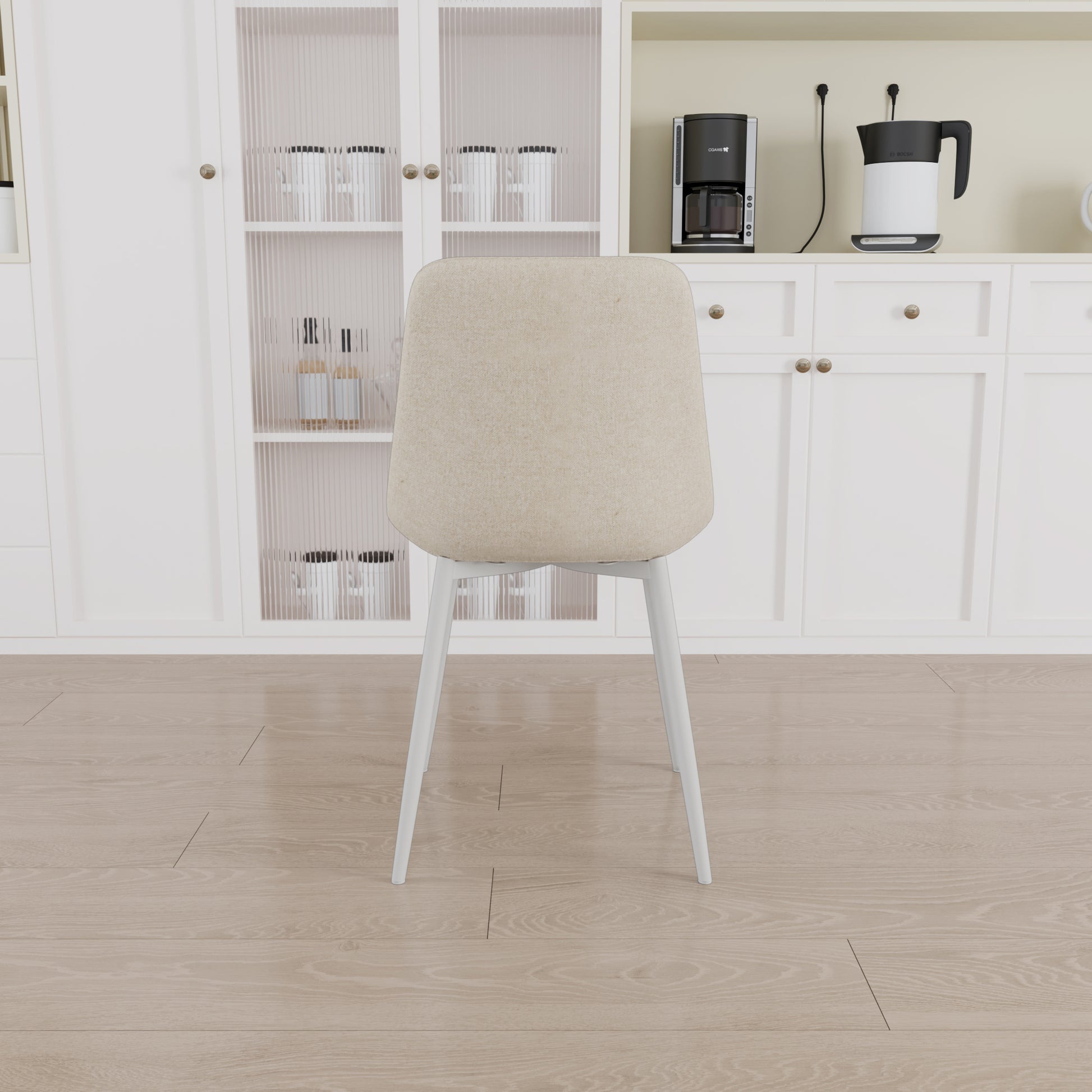 63 "Mdf Cream Style Coffee Table And Modern Dining Chair 4 Piece Set, Modern Fashion Kitchen Table Set, Round Wave Table Legs, Dining Table And Linen Chair Beige White Mdf
